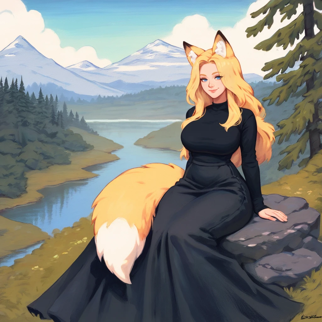 score_9, score_8_up, score_7_up, <lora:KittelsenStyleBeta1122:1>, kittelsen style, traditional media, 1girl, solo, long hair, blonde hair, fox ears, blue eyes, closed mouth, smile, black shirt, long sleeves, black skirt, long skirt, large breasts, wide hips, fox tail, sitting on a rock, BREAK, outdoors, forest, mountains,