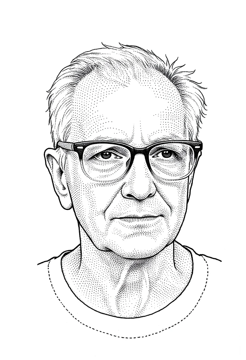 a black and white drawing of a old man wearing glasses