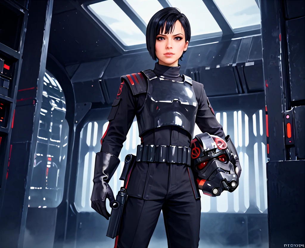 (score_9, score_8_up, score_7_up, score_6_up),  <lora:Seyn_Marana:1> seyn marana, star wars, 1girl, solo, helmet, gloves, science fiction, black hair, weapon, short hair, uniform, boots, armor, black gloves, realistic