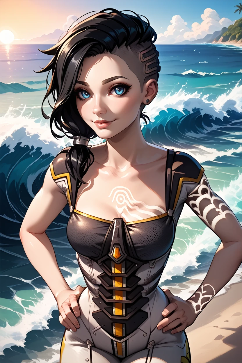 score_9, score_8_up, score_7_up, score_6_up
<lora:BLAngel:1.0>
BLAngel, 1girl, black hair, long hair, blue eyes, undercut, tattoo, looking at viewer, confident smile, standing, hands on hips, facing camera, beach, waves crashing, bright midday sun