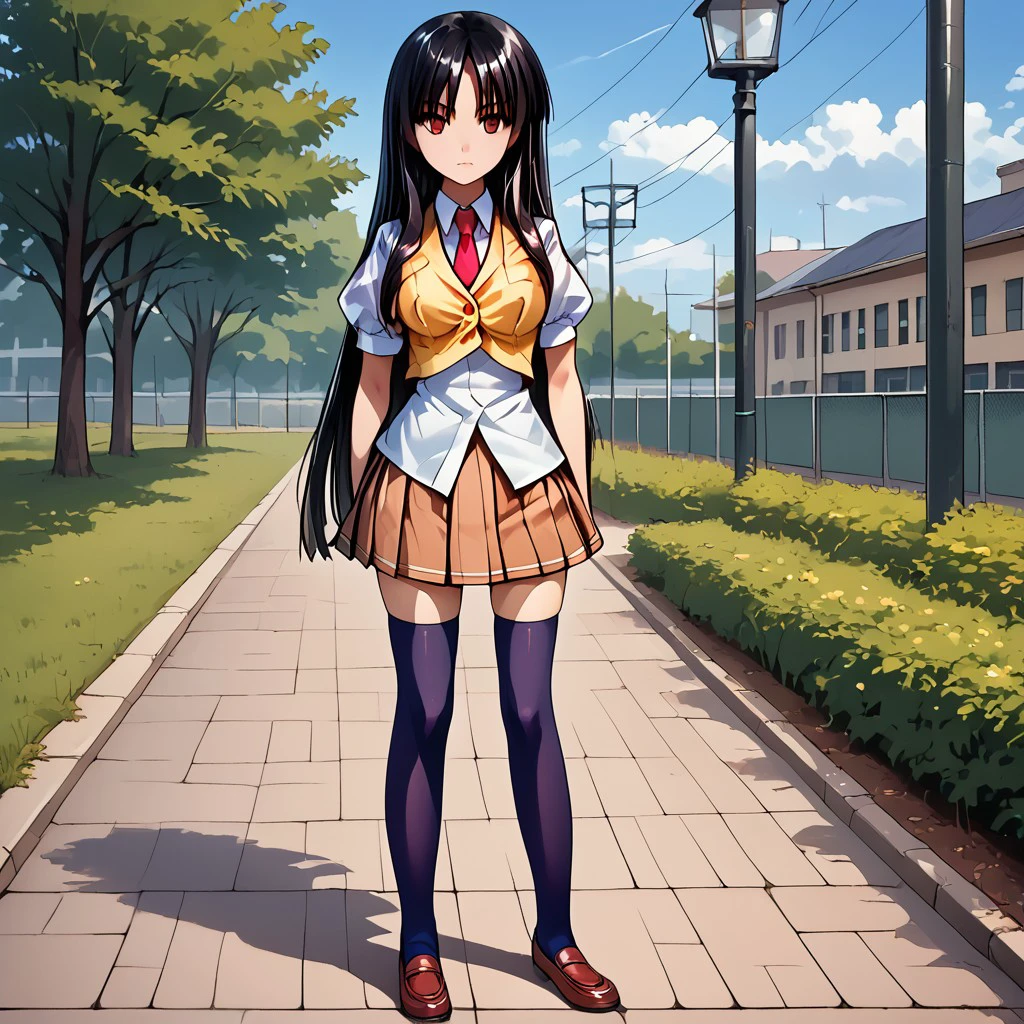 3nah1me, 1girl, solo, thighhighs, long hair, black hair, skirt, zettai ryouiki, necktie, school uniform, full body, standing, source_anime,, <lora:e70bd788-b3b8-423c-a607-07afe99d664f:1.0>