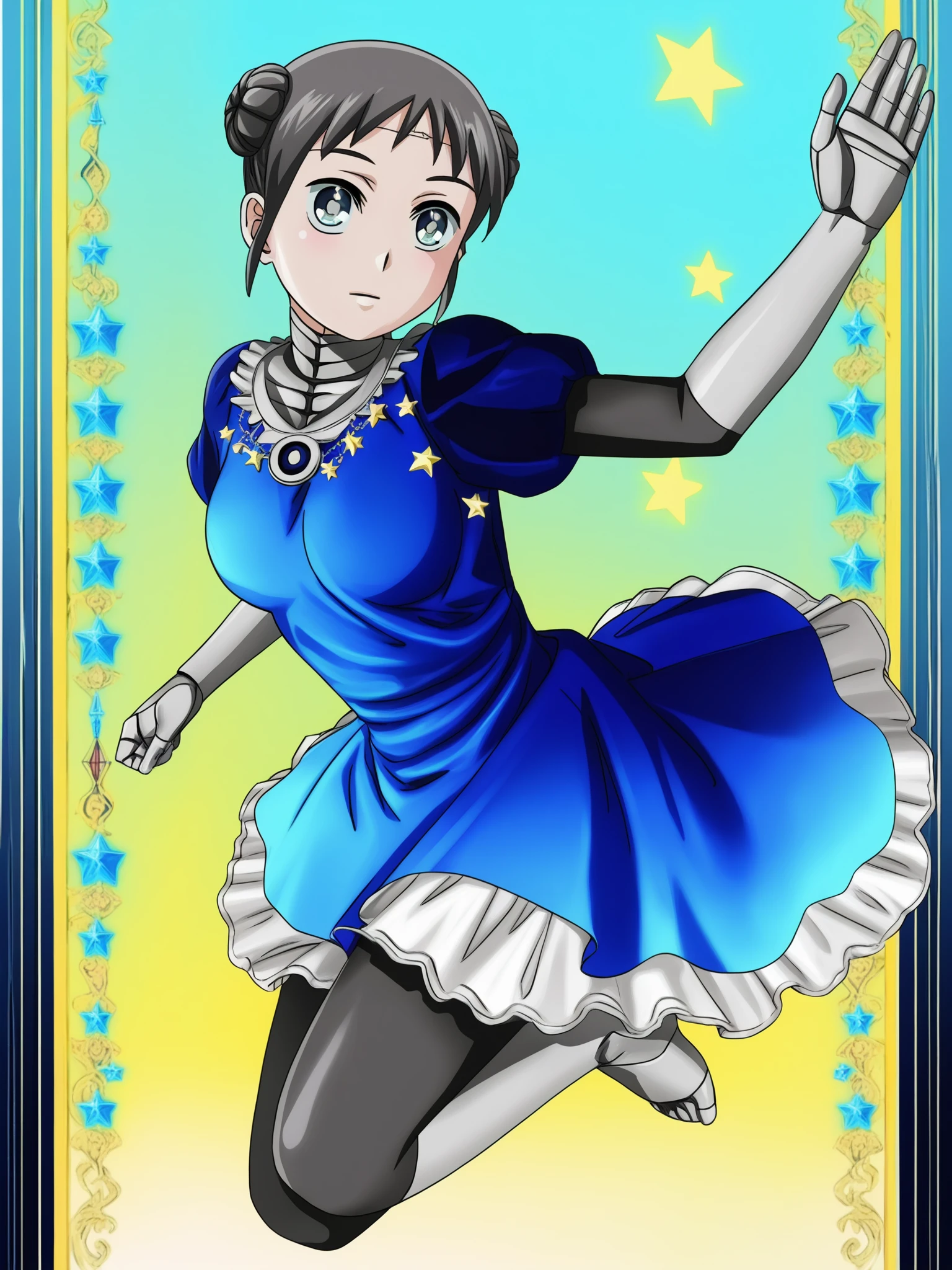 score_9, source_anime, masterpiece, best quality, <lora:Mina_PDXLv0:0.8> mina, short hair, double braided bun, blue star dress, jumping,, detailed, beautiful