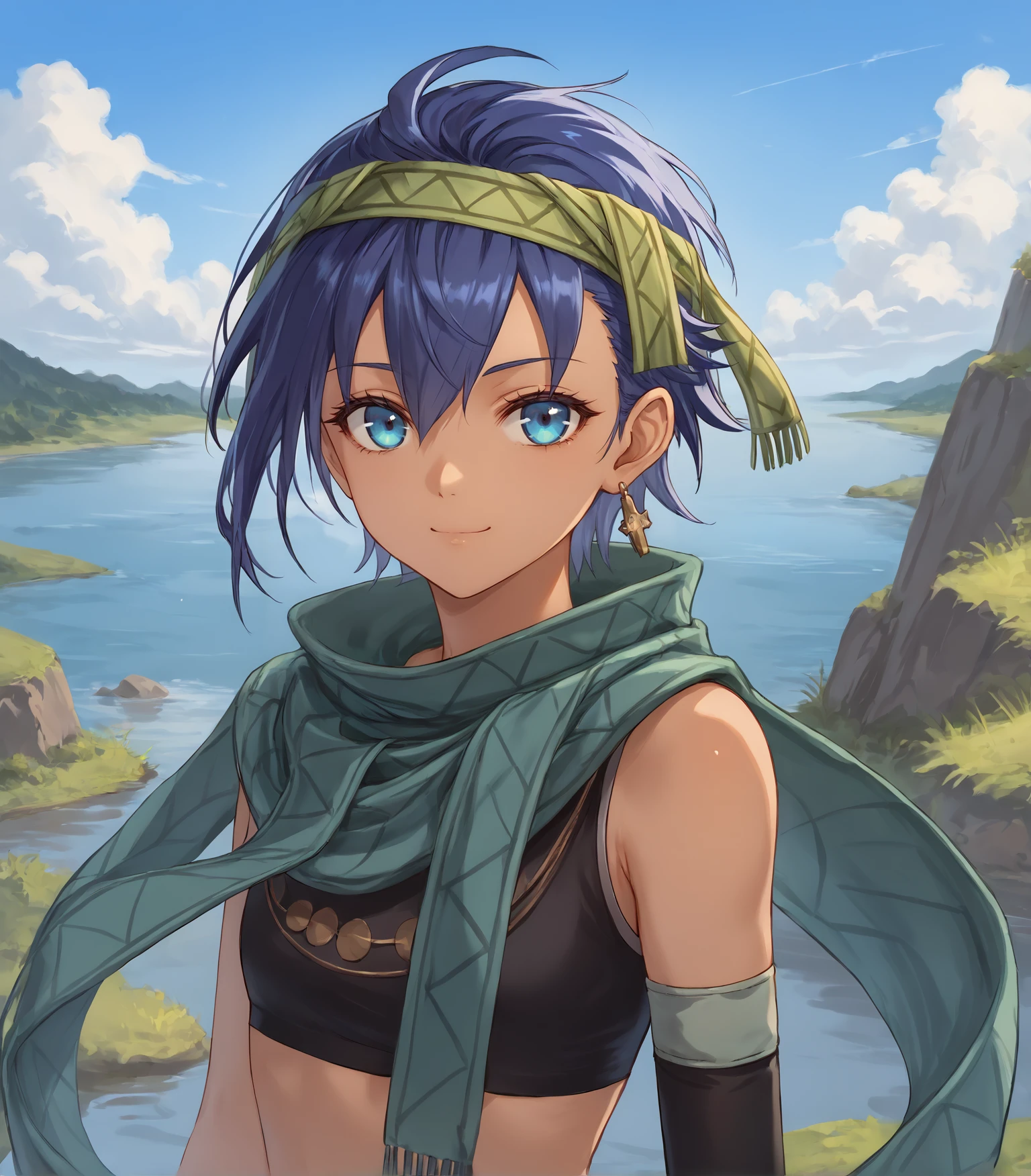 score_9, score_8_up, score_7_up,
1girl, solo, 
<lora:FeriAlFayedKai:0.9>, Feri Al-Fayed, blue eyes, blue hair, medium hair, dark-skinned female, small breasts, headband, single earring, green scarf, black crop top, elbow glove, 
 looking at viewer, smile, upper body, portrait,
outdoors, clouds, valley, plants, rocks, river,
<lora:LDART_style_pony_v3:0.7>,, <lora:Racoonkun_Artist_Style:0.4>, racoonsan,, ,