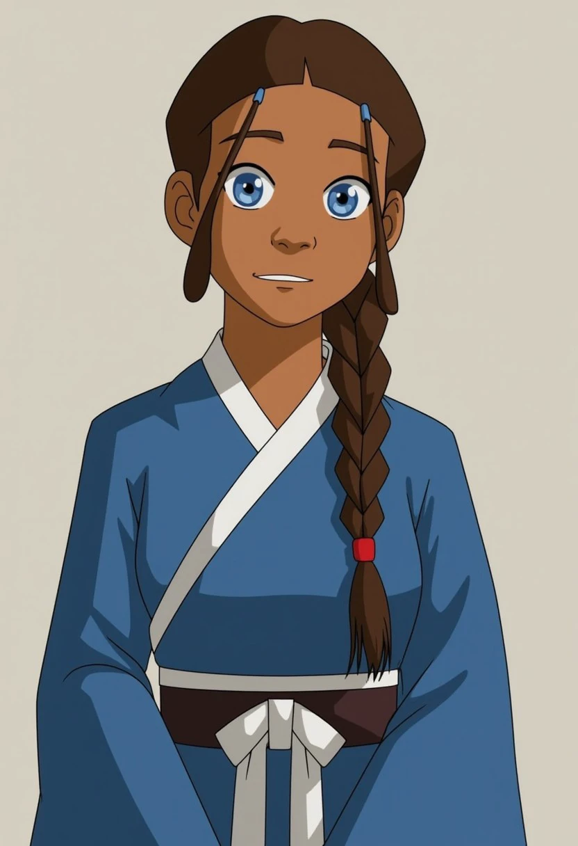 Katara, a woman with light brown skin, blue eyes, and brown hair, and a single braid.
She is dressed in a traditional blue robe with a white sash tied around the waist.
She is looking at viewer.