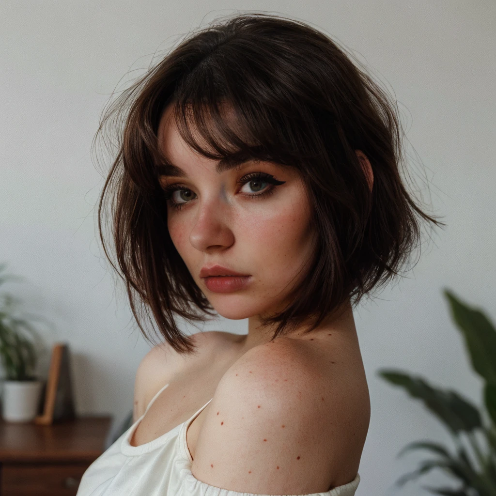 Photography, Portrait, taken with DSLR, F/2.8, (High quality), (masterpiece), realistic, 8K, realistic, (portrait),  [indoors, extremely detailed background], [short hair, black hair, parted bangs], miaalveszc, (standing,head rest) (pouting), (crop top, bare shoulders),  <lora:Miaalves:0.95>  <lora:style_lora_r51_update_out:0.35> <lora:add_detail:0.45>