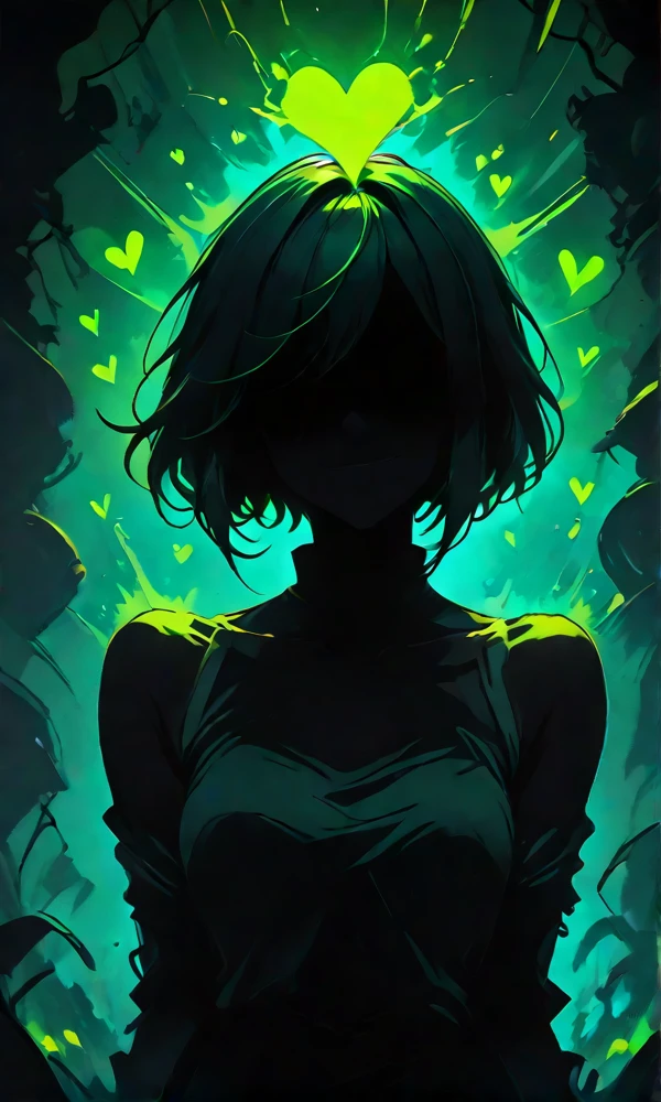 <lora:Vibrant_yandere:1> 1girl, yandere, vibrant colors, insane, silhouette, wide smile, vibrant colors,  dark art, short hair, no face, no mouth, glowing heart, green and blue