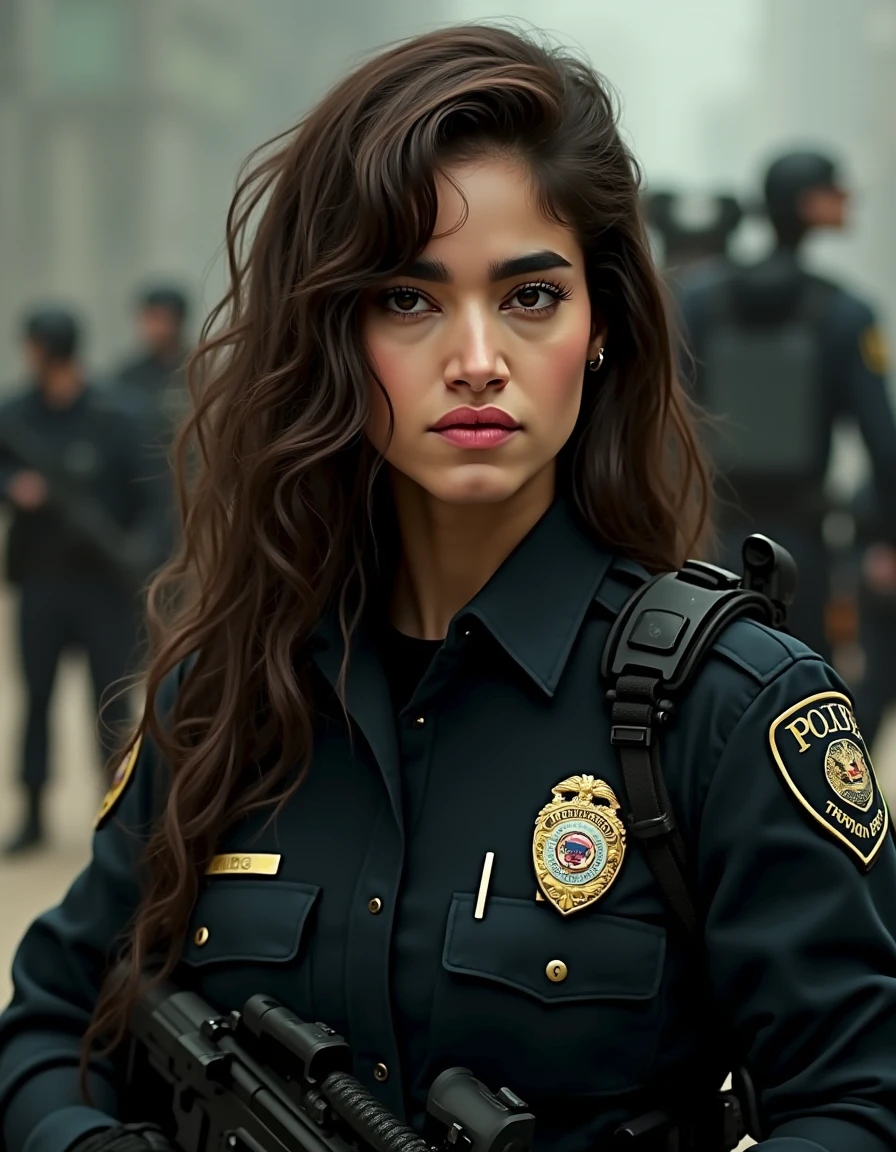 best quality,highres,ultra-detailed
,portraits,police woman in uniform
,beautiful detailed face,beautiful detailed eyes,beautiful detailed lips
,curly hair,shoulder-length hair
,piercing gaze,strong facial features
,confident expression,sexy pose
,fit and athletic body,big breasts
,tight fitting police uniform,shiny buttons and badge
,complete police gear,handcuffs,gun,baton
,dominating presence,authoritative posture
,bright and vibrant colors,vivid red,navy blue,gold accents
,dynamic lighting,soft shadows
,luxurious background,city skyline at sunset
,signal flare in hand,illuminating the scene
,cityscape with tall buildings and bright lights
,powerful and captivating composition
,proud and fierce atmosphere
,attention to small details,wrinkles on clothing,reflection in badge
,professional photography style,dramatic angles
,sharp focus on the face and uniform
,realistic and photorealistic representation
,immaculate attention to realism and detail