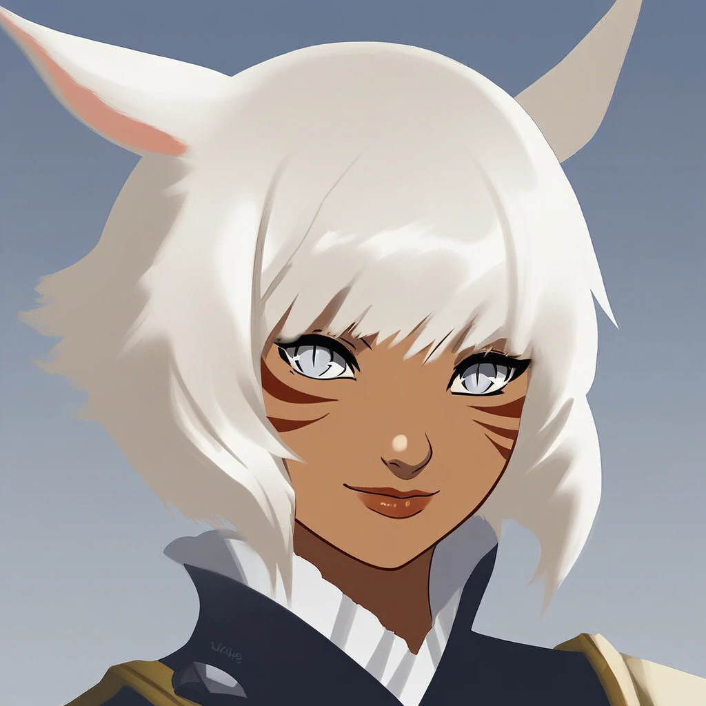 Yshtola Rhul, 1girl, solo, looking at viewer, smile, short hair, blue eyes, animal ears, closed mouth, upper body, white hair, cat ears, dark skin, dark-skinned female, lips, grey eyes, facial mark, slit pupils, whisker markings, miqo'te