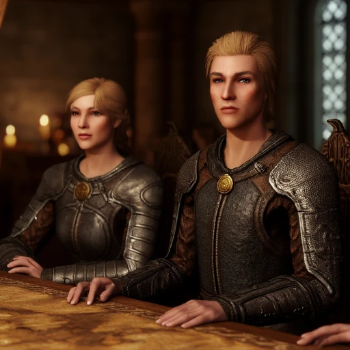 The image is a detailed CGI rendering of a fantasy setting, golden belt buckle and a detailed, giving it a medieval knightly appearance. He sits at a wooden table, consisting of a dark grey tunic with intricate, golden blonde color and styled in two long, wearing a detailed, intricate, both wearing medieval armor. The character on the left has short