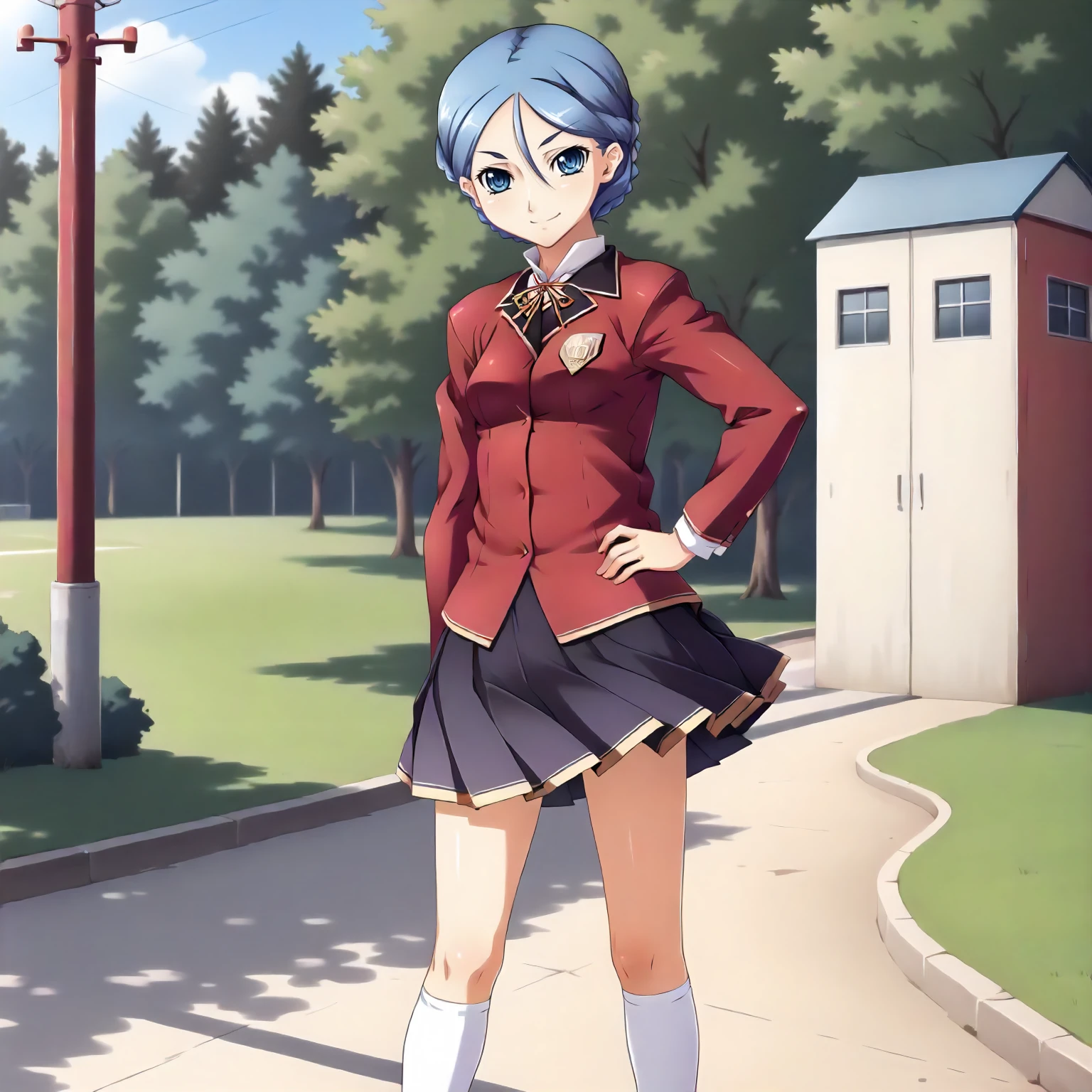 <lora:SDG_YukaMorimuraXLpony001>,
outdoors,nature,
smile,
solo,
YukaMorimura,1girl,blue hair,hair up,french braid,blue eyes,
school_uniform,red jacket,
pleated_skirt,
knee socks,
sneakers,
standing,