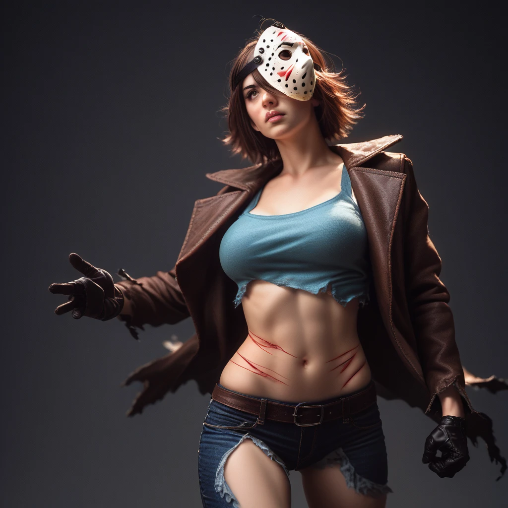 Score_9_up, source_8_up, source_7_up, source_realistic, cowboy shot, BREAK 1girl, solo, Bjason, mask on head, brown hair, big breasts, torn clothes, jacket, crop top, midriff, gloves, torn jeans, mask,