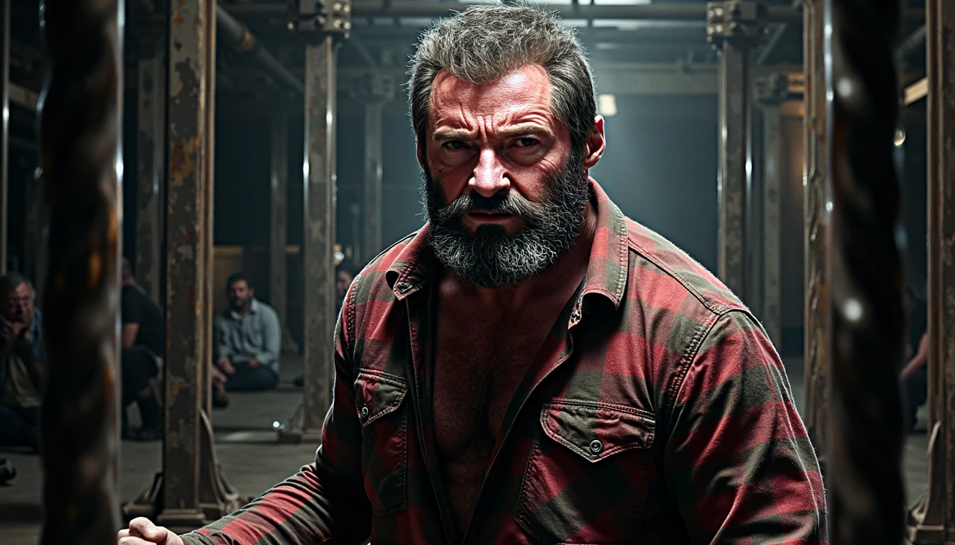 LGN, Create an illustration of Old Man Logan in a cage, emphasizing his gritty and resilient nature in a cinematic art style. Focus on his rugged face and muscular form, drawing inspiration from Hugh Jackman's portrayal. Dress him in a worn, rugged flannel shirt and pants, reflecting his tough lifestyle. Place him inside a dimly lit, metal cage, with shadows accentuating the bars and creating a sense of confinement. Use dramatic, moody lighting to highlight his determined expression and the tension in his stance, evoking a sense of strength and defiance. Incorporate a color palette of dark greys, blacks, and muted browns to enhance the gritty atmosphere. Ensure Logan's expression and body language are sharply focused, conveying his indomitable spirit within the confines of the cage. Exclude other characters to maintain the focus on Logan's solitary struggle.