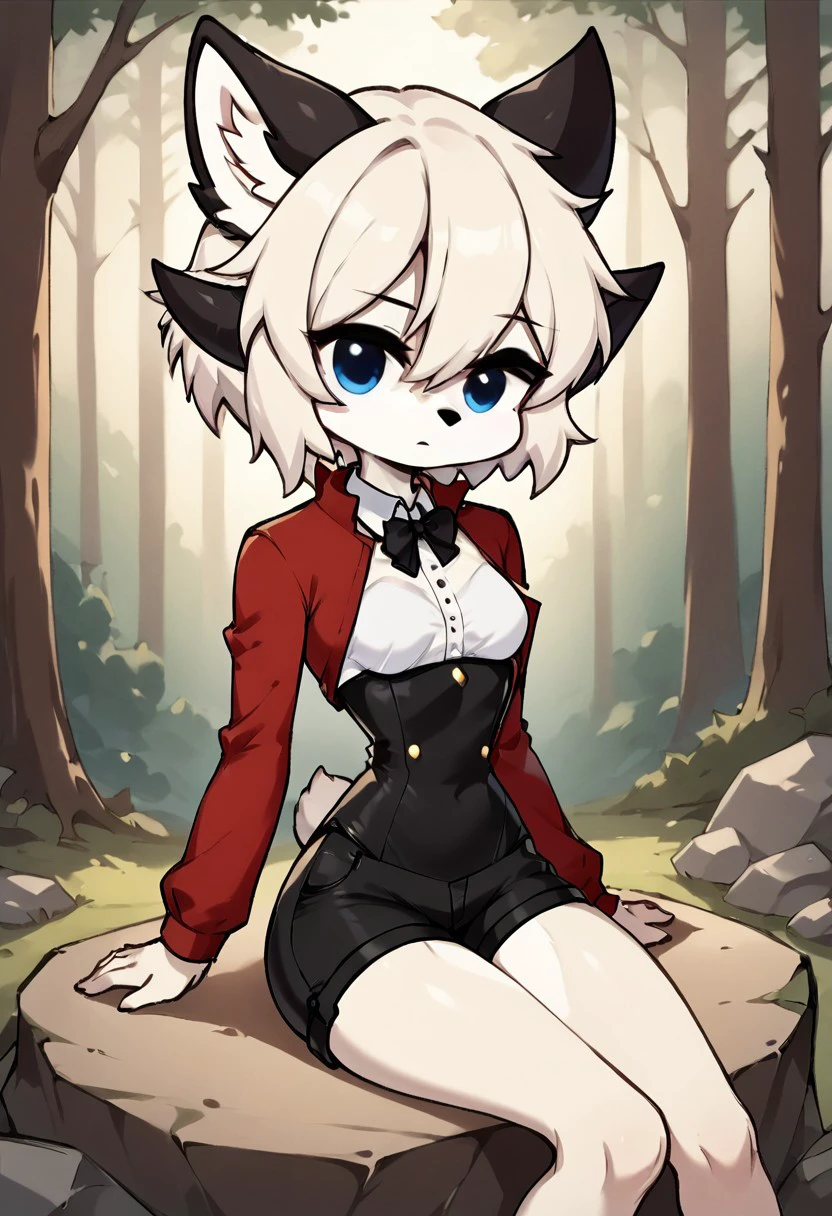 score_9, score_8_up, score_7_up, masterpiece, best quality, forest, Evening, (very beautiful eyes, small thighs, thin waist, small breasts), 1girl, RitaOC, White hair, blue eyes, short hair, furry female, horns, black furry ears, bunny tail,, Chibi, Red jacket, shorts, white shirt, rock, Sitting, Serious expression, Shadow in the form of a wolf