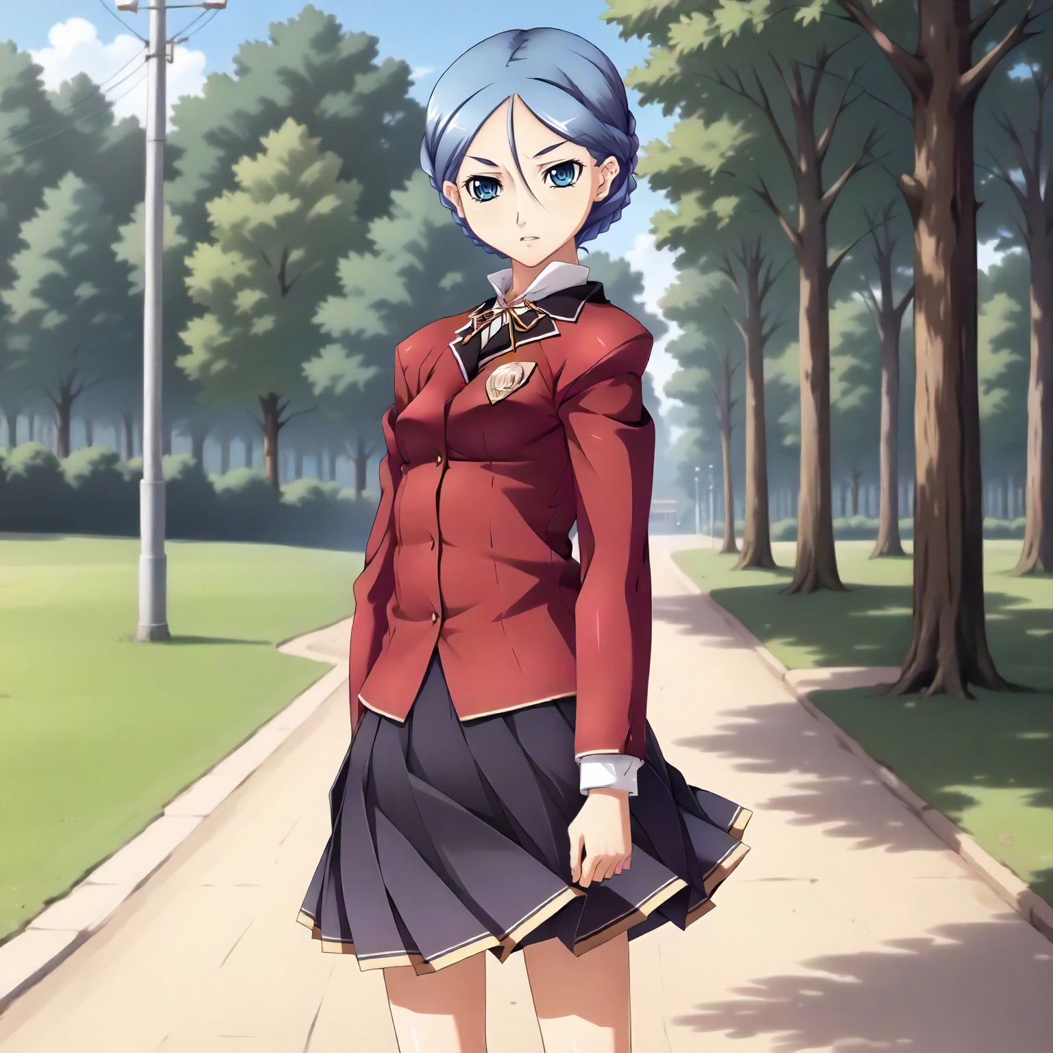 <lora:SDG_YukaMorimuraXLpony001>,
outdoors,nature,
parted lips,
solo,
YukaMorimura,1girl,blue hair,french braid,blue eyes,
hair up,
school_uniform,red jacket,
pleated_skirt,