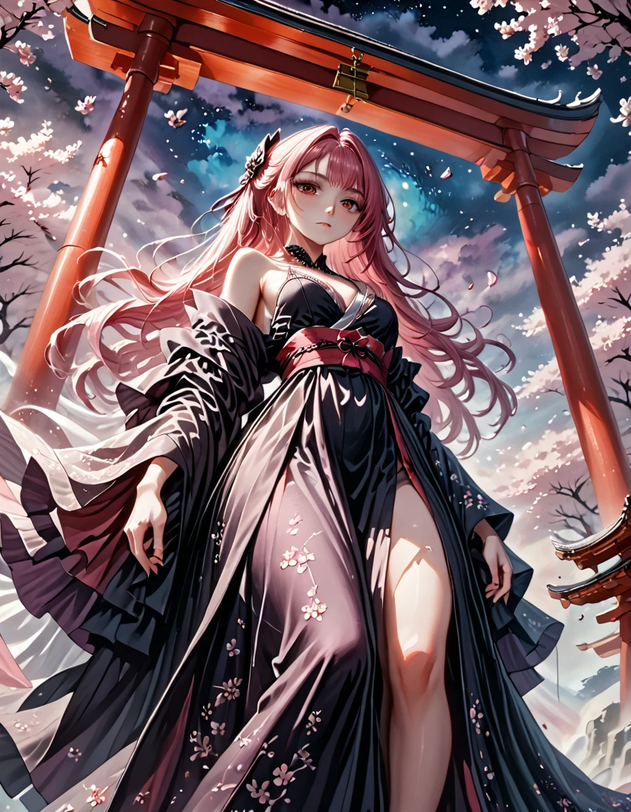 Beautiful girl with long pink hair, wearing a traditional kimono, standing under a torii gate with cherry blossoms falling around her, serene and elegant, Fantasy Art, digital painting with soft colors and intricate details, wide-angle view, from below, highly detailed environment, 8K resolution. night, shadow, gothic, <lora:Best_of_Pony_v10_Dark_Aesthetic:1>, best_of