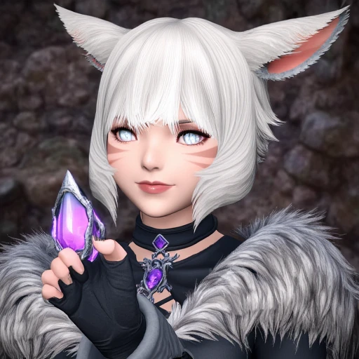 Yshtola Rhul, 1girl, solo, short hair, blue eyes, gloves, holding, animal ears, closed mouth, white hair, choker, cat ears, lips, grey eyes, fur trim, facial mark, slit pupils, portrait, crystal, whisker markings, miqo'te, blind