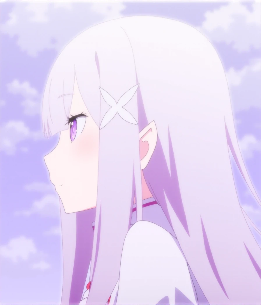 1girl, long hair, hair ornament, amlyc, solo, emilia \(re:zero\), silver hair,hair flower, purple eyes, pointy ears, x hair ornament, looking at viewer, , hair flower ,<lora:fluxAmlyc-lokr:1>,