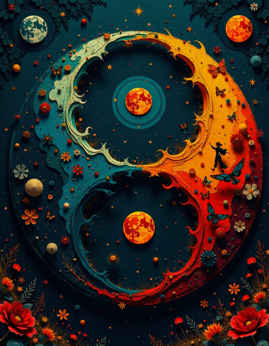 ,wallpaper art, yin and yang symbol, filled with scenes and examples of the 4 elements, earth, water, fire, air, vivid colors, positive emotionalfilled,  darkfantasycollagestyle ,   <lora:flux-collagestyle:1>,