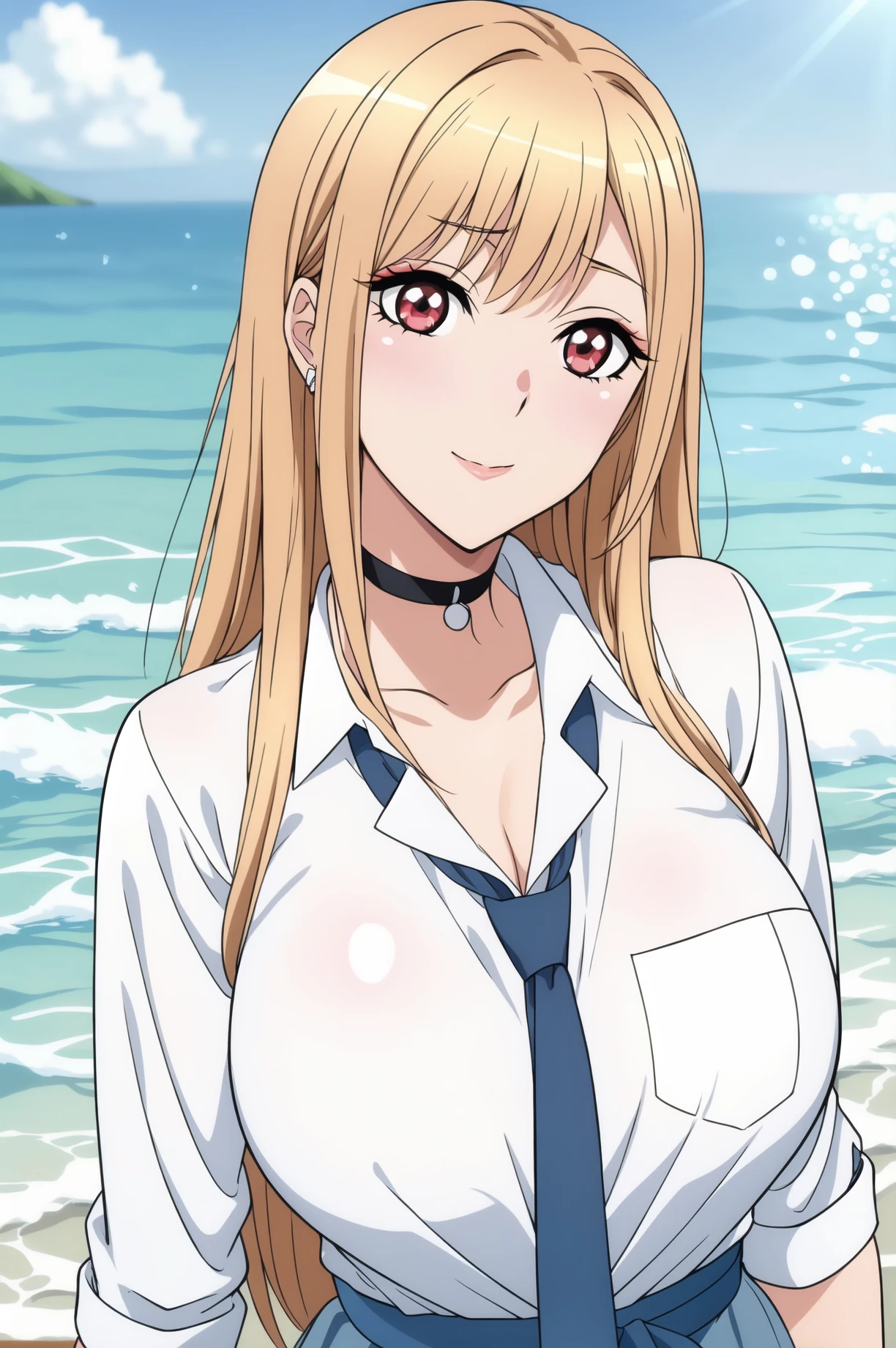 Blue Sky, Sea, water, 
dynamic pose,standing at attention,
choker, collarbone,shite shirt with green tie,school uniform, collared shirt,
<lora:Kitagawa_Marin_DressUp-KK77-V1:0.7>,Kitagawa_Marin_DressUp,ring,jewelry,black choker, 
red eyes,bangs, blonde hair,long hair,Makeup, red lipstick, 
<lora:more_details:0.1>,<lora:NovelAI_YesMix5_KKStyle-KK77-Yes5-V1:0.3>,<lora:Oda_Non_Style2-KK77-Yes5-V1:0.3>,
1 girl, 20yo,Young female,Beautiful long legs,Beautiful body,
Beautiful Nose,Beautiful character design, perfect eyes, perfect face,expressive eyes,perfect balance,
looking at viewer,(Focus on her face),closed mouth, (innocent_big_eyes:1.0),(Light_Smile:0.3),
official art,extremely detailed CG unity 8k wallpaper, perfect lighting,Colorful, Bright_Front_face_Lighting,White skin,
(masterpiece:1.0),(best_quality:1.0), ultra high res,4K,ultra-detailed,
photography, 8K, HDR, highres, absurdres:1.2, Kodak portra 400, film grain, blurry background, bokeh:1.2, lens flare, (vibrant_color:1.2),professional photograph,
(Beautiful,large_Breasts:1.4), (beautiful_face:1.5),(narrow_waist),