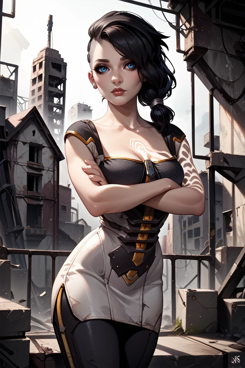 score_9, score_8_up, score_7_up, score_6_up
<lora:BLAngel:1.0>
BLAngel, 1girl, black hair, long hair, blue eyes, undercut, tattoo, looking at viewer, intense gaze, standing, arms crossed, wide stance, abandoned building, broken windows, shafts of light