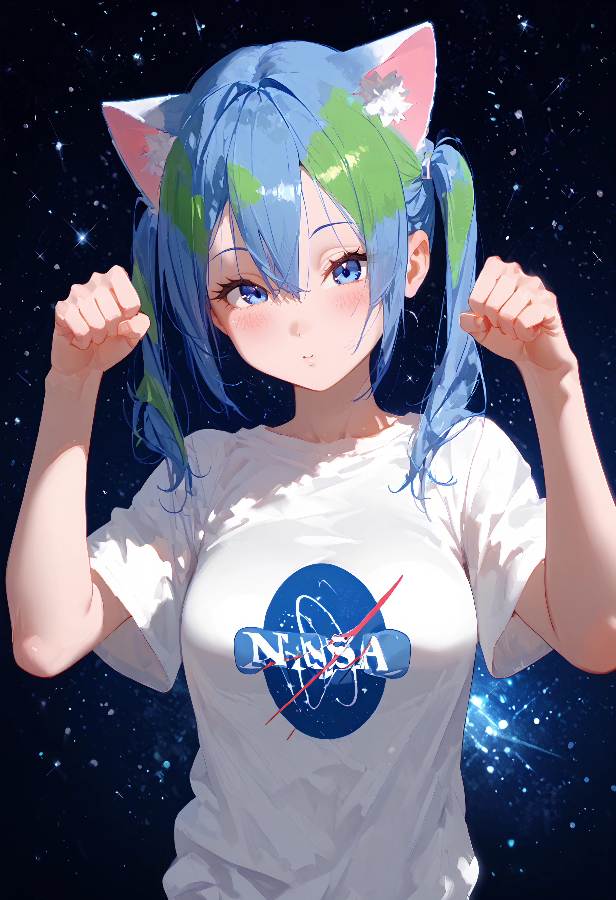 score_9, score_8_up, score_7_up, best quality, source_anime BREAK, Earth-chan, 1girl, green hair, multicolored hair, blue eyes, white shirt, blue hair, two-tone hair, short hair, short sleeves, space, hair between eyes, starry sky, NASA shirt, blush, medium breasts, twintails, cat ears, paw pose, upper body, <lora:Earth-chan:1>