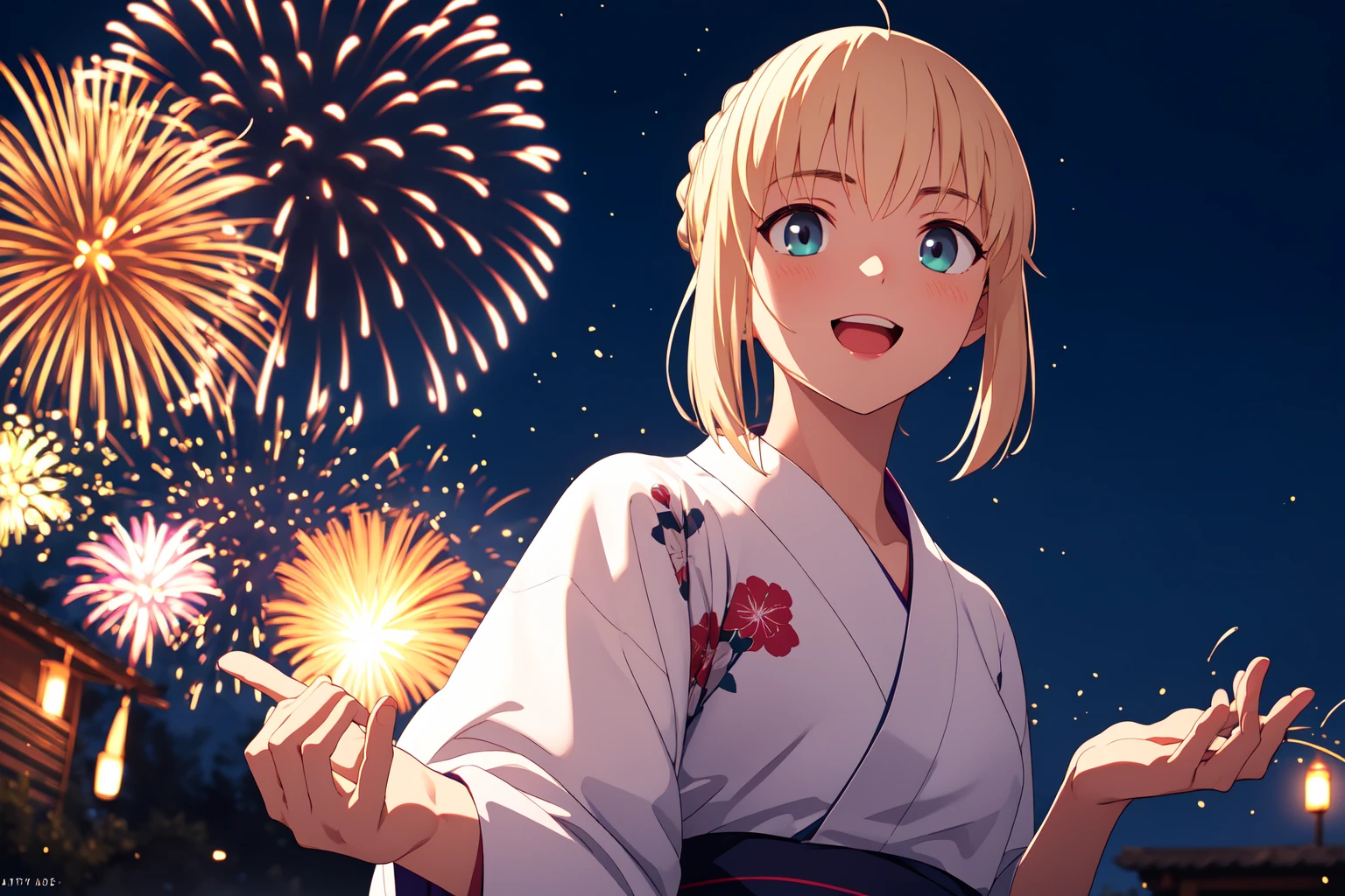 (RAW photo, best quality), masterpiece, 1girl,  natural lighting
 <lora:saber_atoria_v1_2-000006:1>, artoria,
summer evening, yukata, fire works, happy,