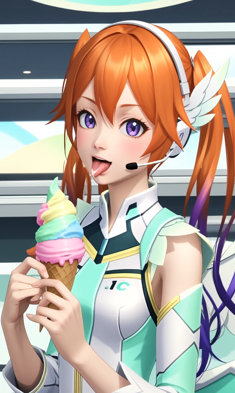 1girl, portrait, eat ice cream, licking, quna_idol, orange hair, gradient hair, long hair, twintails, wings headset, 