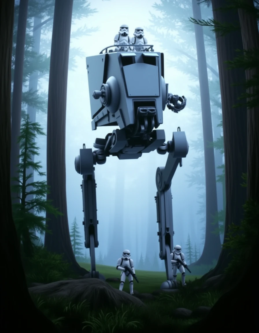 a star wars style, lucasfilm, movie still of an at-st,dramatic angle,epic composition,foggy,lightrays, rule of thirds,<lora:AT-ST:1>, <lora:star wars style v1:1>,stormtroopers