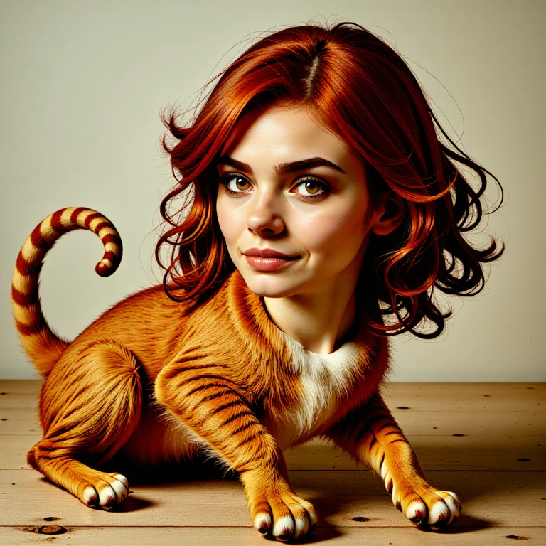 <lora:Therianthrope_FLUX:1.5> therianthrope, animal body, human face, cat body, woman's face,