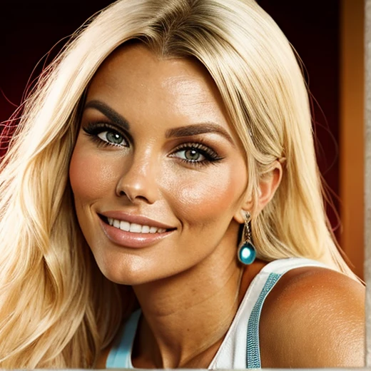 Anna Nicole Smith wearing exotic style clothing with lipstick and smiling