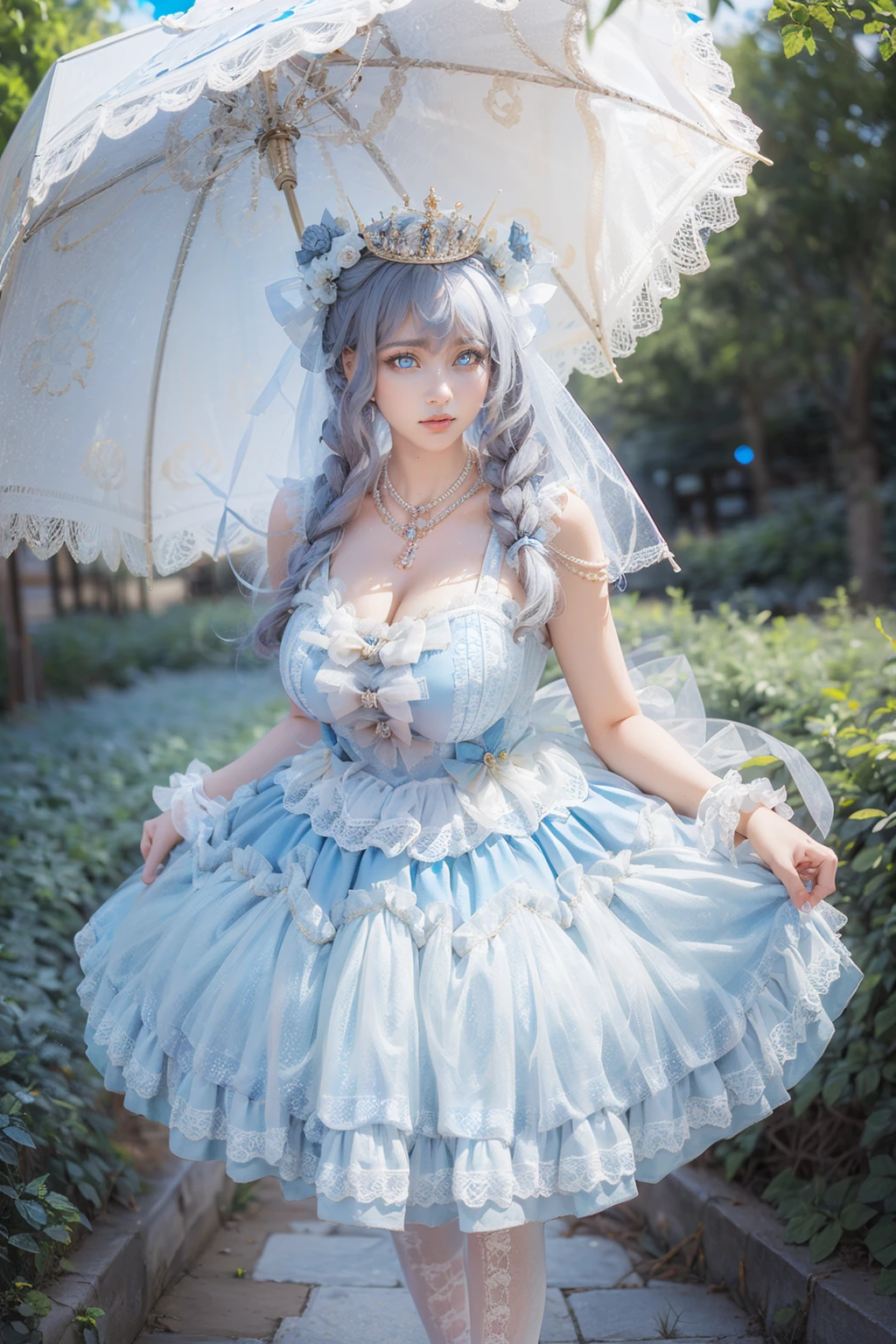 (masterpiece, best quality:1.2),illustration,8k,hd,1 girl,depth of field,bswq,dress,white dress,blue dress,umbrella,jewelry,necklace,pantyhose,bow,lace,lace trim,lace-trimmed dress,sleeveless dress,((cleavage)),big breasts,(outdoors:1.3),(glowing blue eyes:1.3),