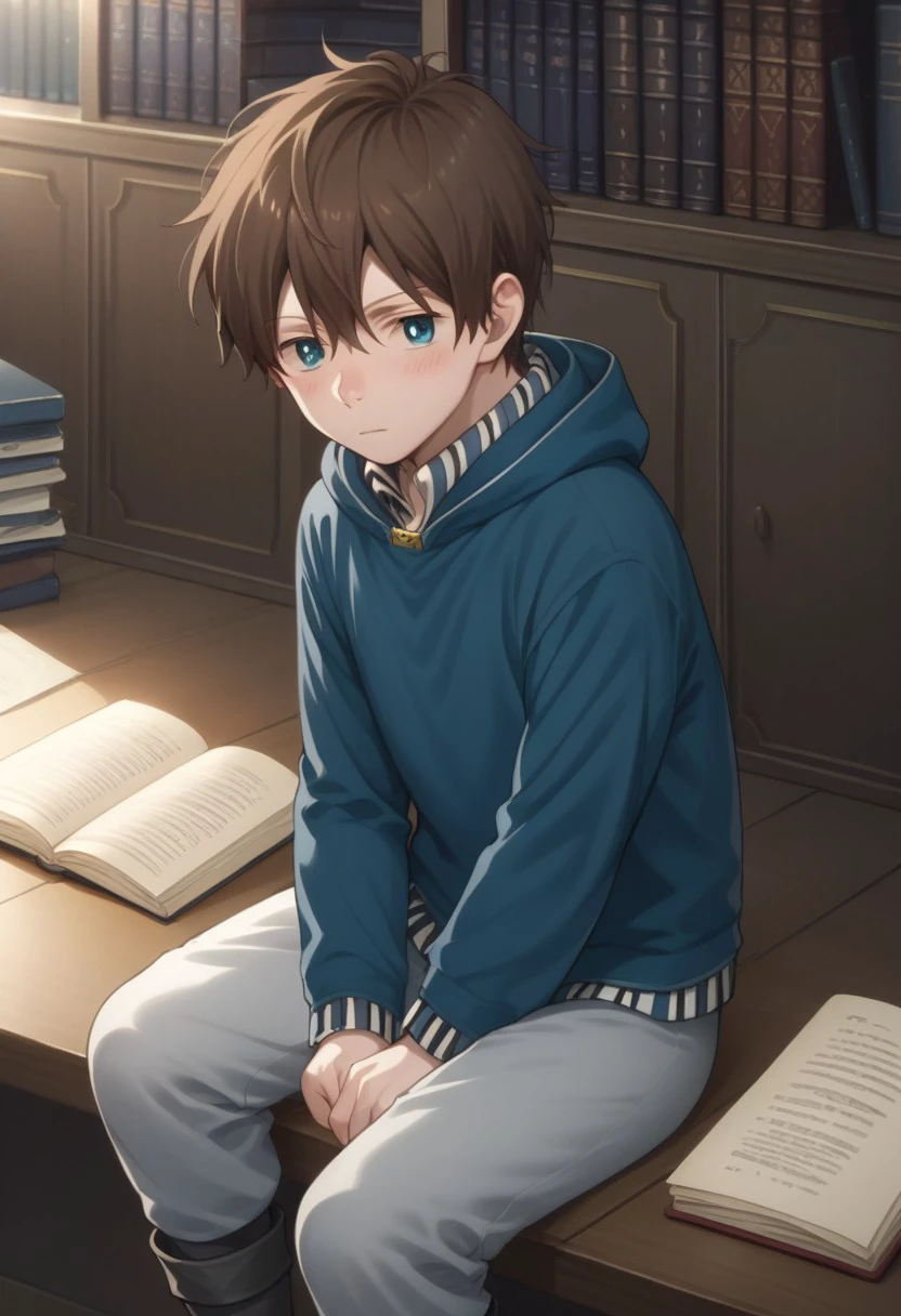 score_9, score_8_up, score_7_up, source_anime, highly detailed, 
ryuu, 1boy, solo, male focus, boots, brown hair, blue eyes, blush, pants, open book, grey pants, long sleeves, hood, hoodie, blue hoodie,
indoor,library, sit