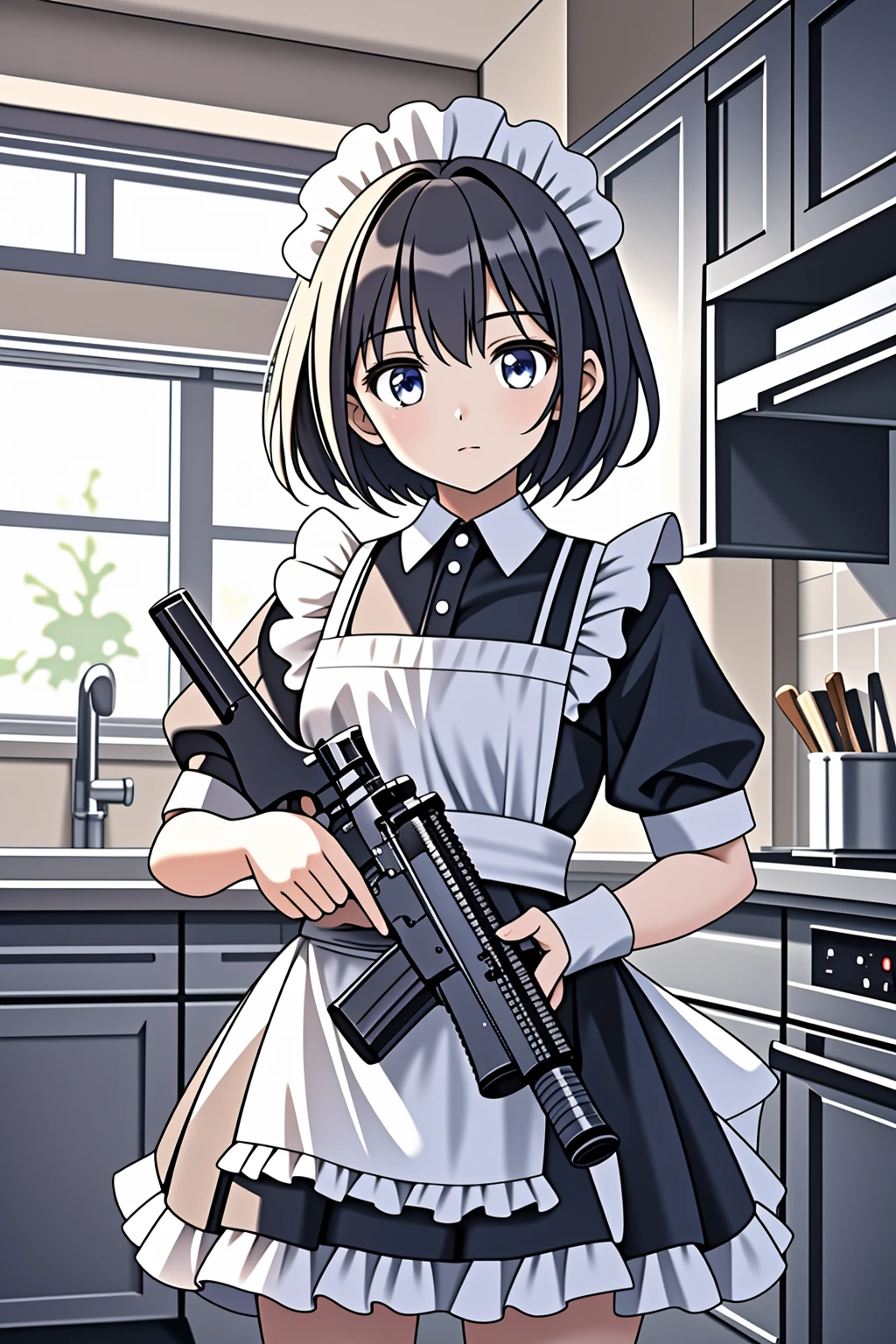 1 maid girl, holding gun, rifle, machine gun, kitchen <lora:LCM_LoRA_Weights_SD15:1>