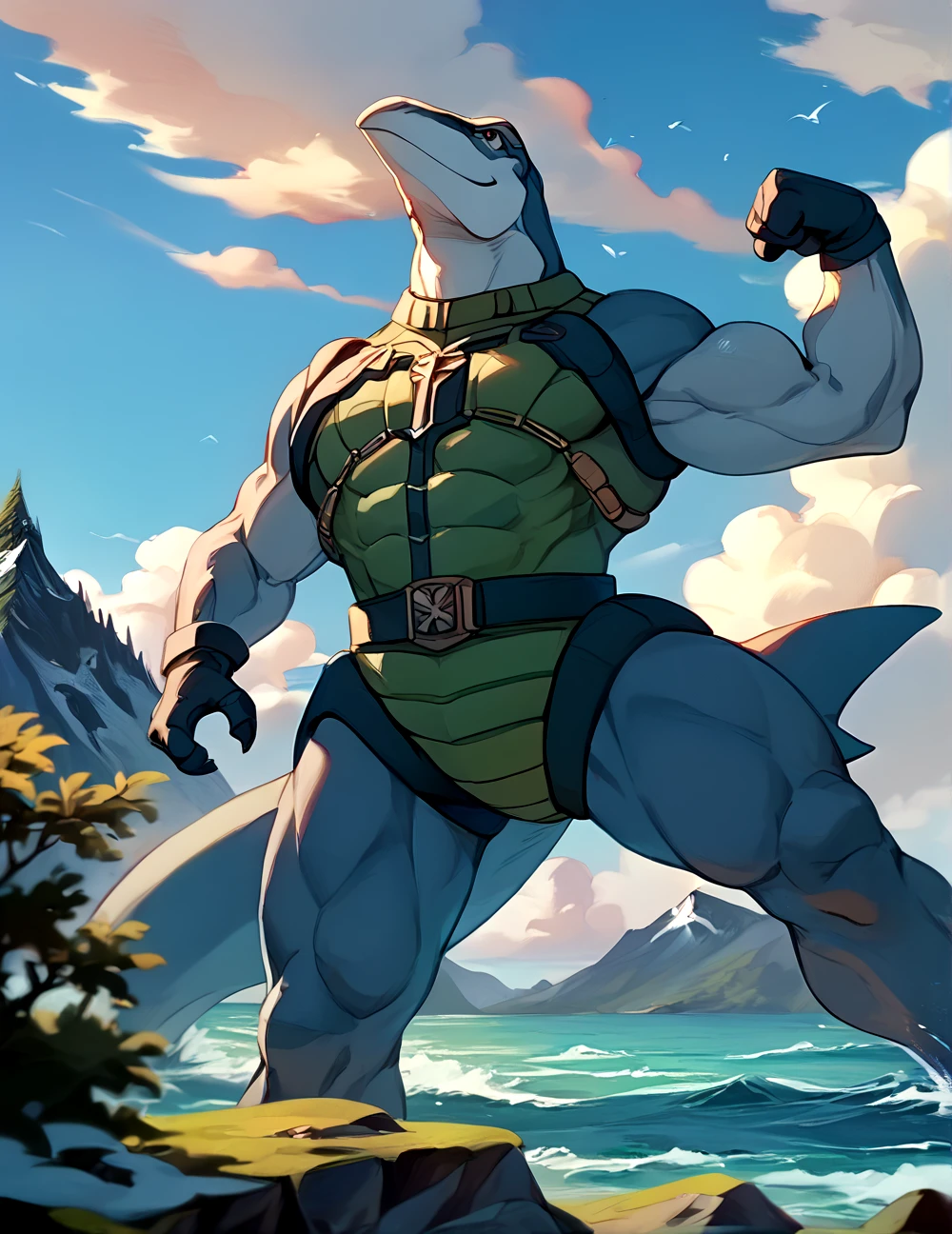 score_9, score_8_up, score_7_up,
<lora:Ichy_(Dinosaucers)_(Pony)_(AD):1> Ichy, Dinosaucers, dinosaur, muscular, back fin, ichthyosaurus, armor, swim fins,
8K, In'ei, chiaroscuro, depth of field, side lighting, clear_eyes,
perfect hands, perfect proportions, peak physical perfection, perfect male physique, impressive physique,
dynamic action pose, detailed anime background, detailed photographic fluffy anime clouds, masterclass anime, alluring gaze, dynamic lighting, photographic realism, mountain forest, ocean side, grey skin, chest armor, teal armor, flexing his manly muscles, arm flex,
BREAK zPDXL, ponyxl,