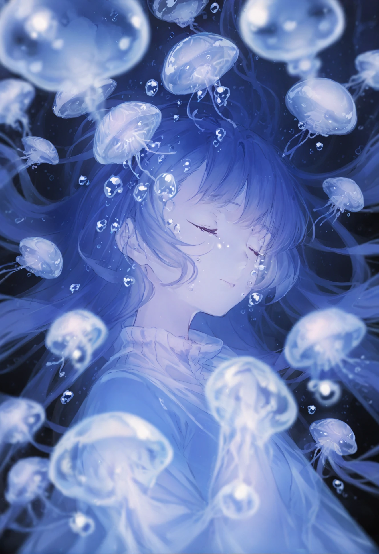 masterpiece, best quality, 1girl, solo, blue theme, closed eyes, long hair, bubble, underwater, upper body, monochrome, jellyfish, closed mouth 
 <lora:ajimitaXLlokr4f-000178:1>