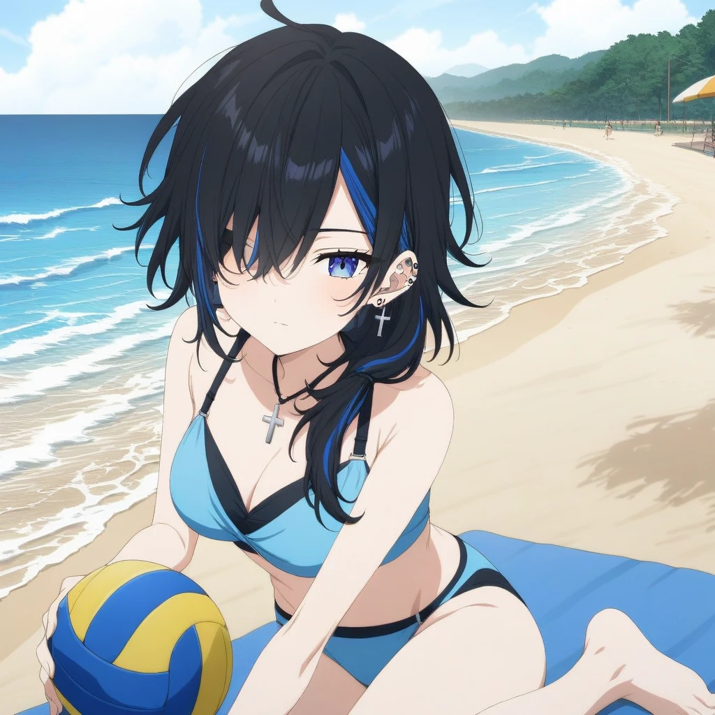 yuu, bangs, closed mouth, cross earrings, ear piercing, earrings, hair covering one eye, jewelry, messy black hair, piercing, solo, blue streaked hair, hair over shoulder, two-tone hair, breasts, best quality, anime drawing, virtual youtuber, 
blue bikini, volleyball, beach, sand, water, feet, 
 <lora:YUU-XL-t6-000001:0.6>