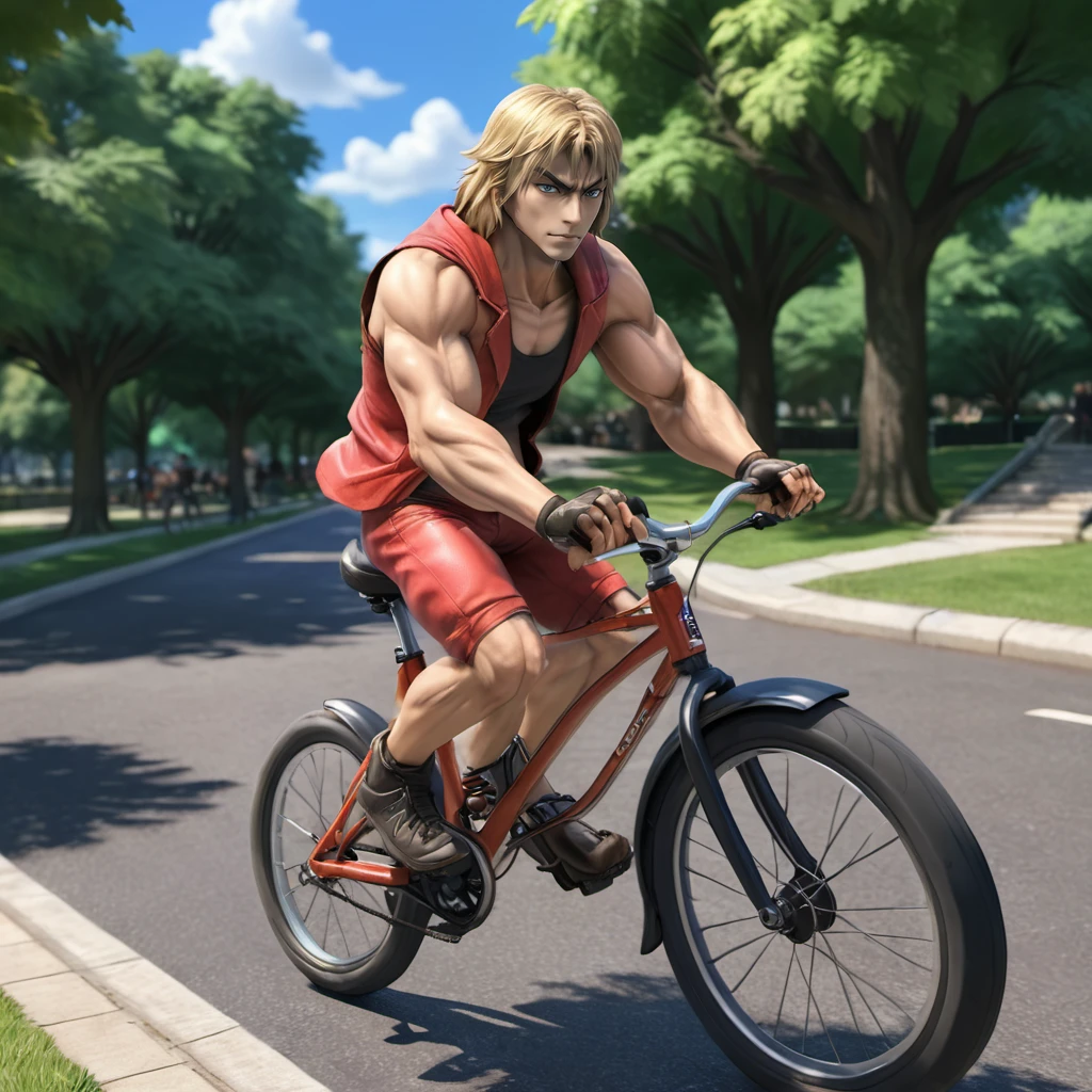 KenSFXL riding bike, man riding bike, park <lora:KenSFXL:.95> , (anime, masterpiece, intricate:1.3), (best quality, hires textures, high detail:1.2), (4k),(incredibly detailed:1.4),UHD, 8K, ultra detailed
