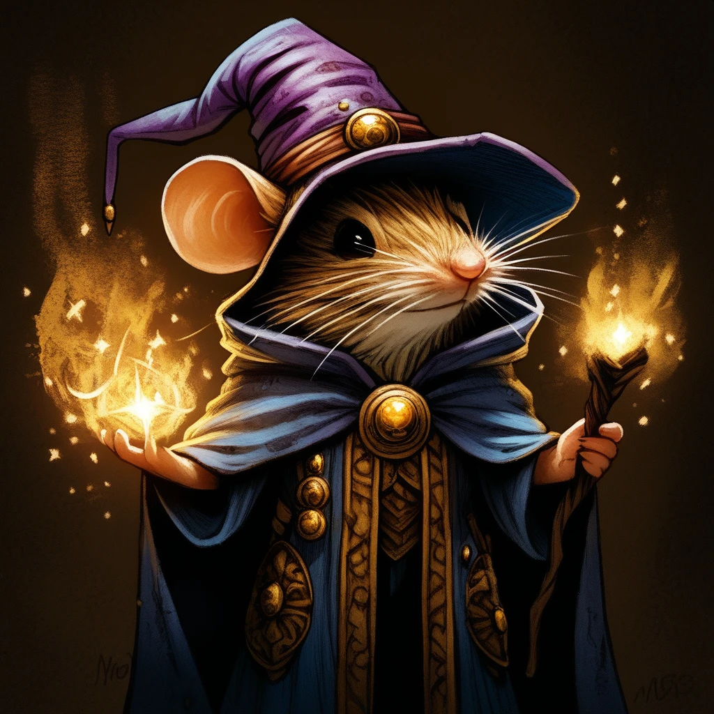 Score_9, score_8_up, score_7_up,MazesAndMice, The image is a digital illustration of a mouse dressed up as a wizard. The mouse is wearing a purple hat with a gold emblem on it and a blue cloak with gold accents. It is holding a wand with a fire burning on it which is also holding a golden orb. The background is dark and there are small white dots scattered around the mouse giving it a magical and whimsical appearance. The overall mood of the image is mysterious and magical., hat, mouse, wizard, witch hat, fire, holding, solo, cape, whiskers, magic