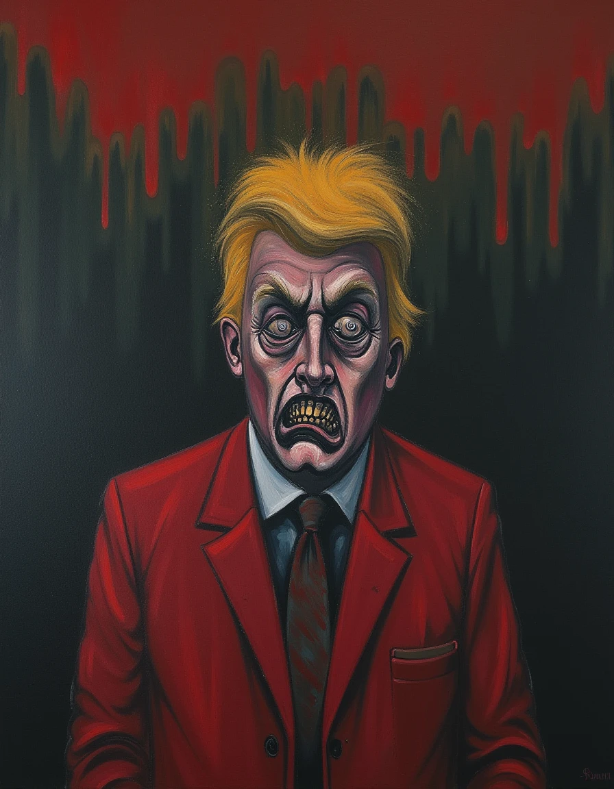 In a hauntingly expressive painting, a figure resembling Donald Trump looms large, depicted in the distinctive style of Francis Bacon. The distorted visage showcases an unsettling blend of features, with exaggerated expressions capturing depths of anxiety and existential dread. His eyes bulge with a manic intensity, while his mouth twists into a grimace, echoing the raw emotional turmoil that Bacon's subjects often embody.

Surrounding this central figure is a cacophony of vivid, brutal colors. Aggressive reds clash with deep blacks and splashes of yellow, creating a visual dissonance that envelops the viewer in a visceral experience. Striking brushstrokes—a chaotic amalgamation of erratic sweeps and sharp lines—add a sense of violent urgency to the composition, making it feel as though the subject is pulsating with frenetic energy.

The background remains abstract, with muddled forms and shadowy hues that enhance the isolation of the figure. This stark contrast pulls attention to Trump, enveloping him in a bleak and oppressive atmosphere, reminiscent of a suffocating space that reflects his public persona's complexities and controversies. Themes of decay and isolation are ever-present, as the figure appears trapped in this dismal environment, symbolizing the intertwining of power and vulnerability.

The overall emotional tone of the painting is one of profound unease, capturing not just a likeness, but an existential commentary on the fleeting nature of power and identity in a turbulent world. A sense of impending doom pervades the scene, inviting viewers to confront the raw human experience behind the public facade. 