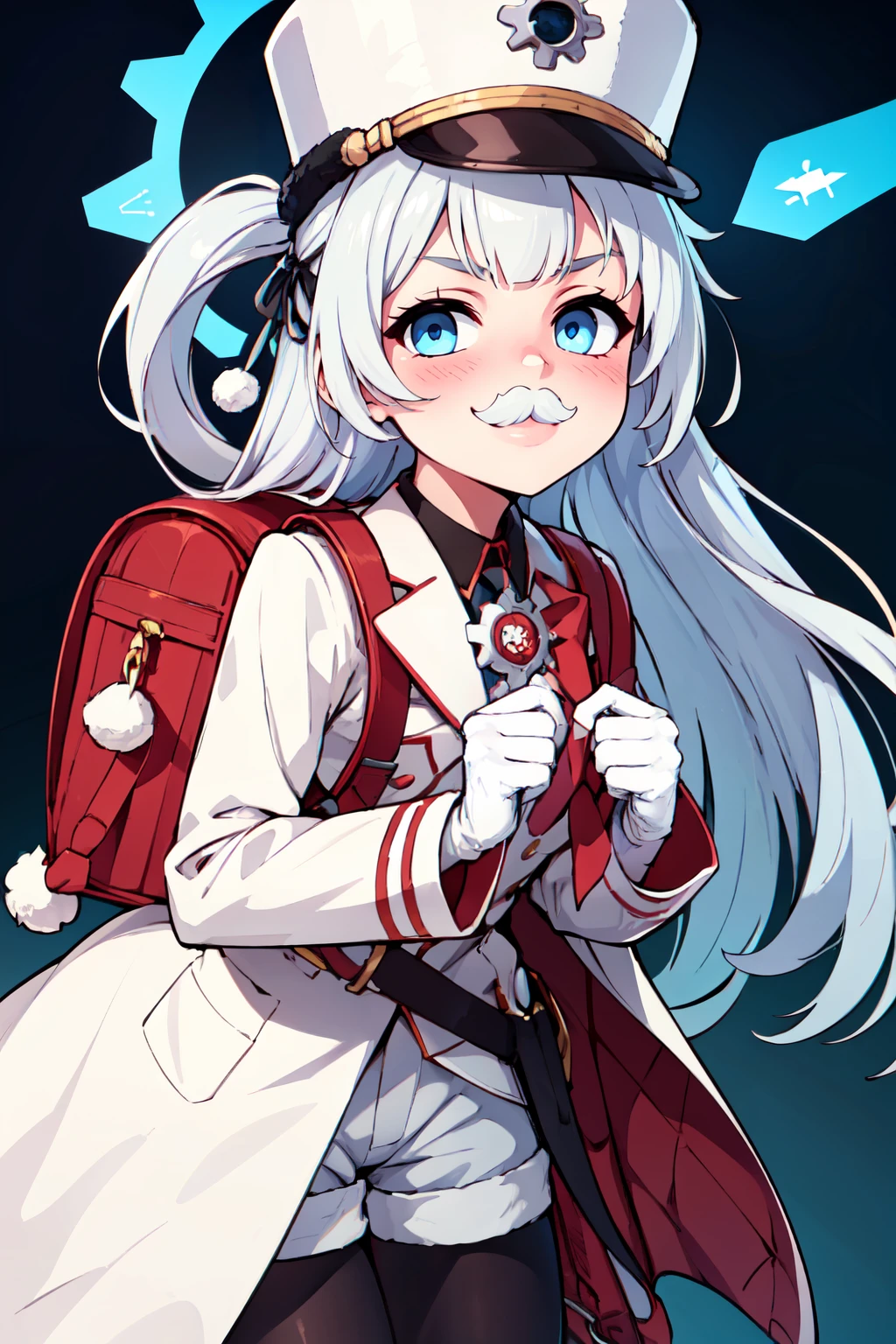 ((masterpiece,best quality)), absurdres,  BREAK, , <lora:Cherino_BlueArchive_Citron:0.8>, zzCherino, blue eyes, white hair, long hair, two side up, halo, hat, ribbon, shako cap, fake mustache white coat, white shorts, white gloves, black pantyhose, randoseru (backpack), pom-pom hair ornament , BREAK, leaning forward, head tilt, blush, upper body,, BREAK, solo, smile, looking at viewer, cowboy shot,