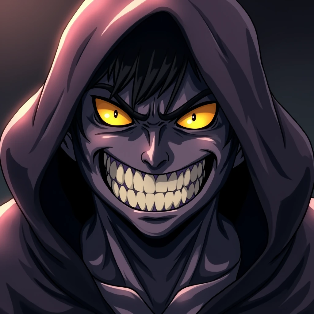 <lora:Bible Black style v1:1>
In Adult animation style, In Manga and Anime cartoon style Demon a demonic looking creature with golden yellow eyes smiling solo, looking at viewer, 1boy, yellow eyes, male focus, teeth, hood, fangs, portrait, cloak, hood up, colored sclera, eroge, anime, manga, nsfw, cartoon, Adult animation, explicit, Original video animation, Baiburu Burakku style, Bible Black style, solo, colored skin, black sclera, grey skin