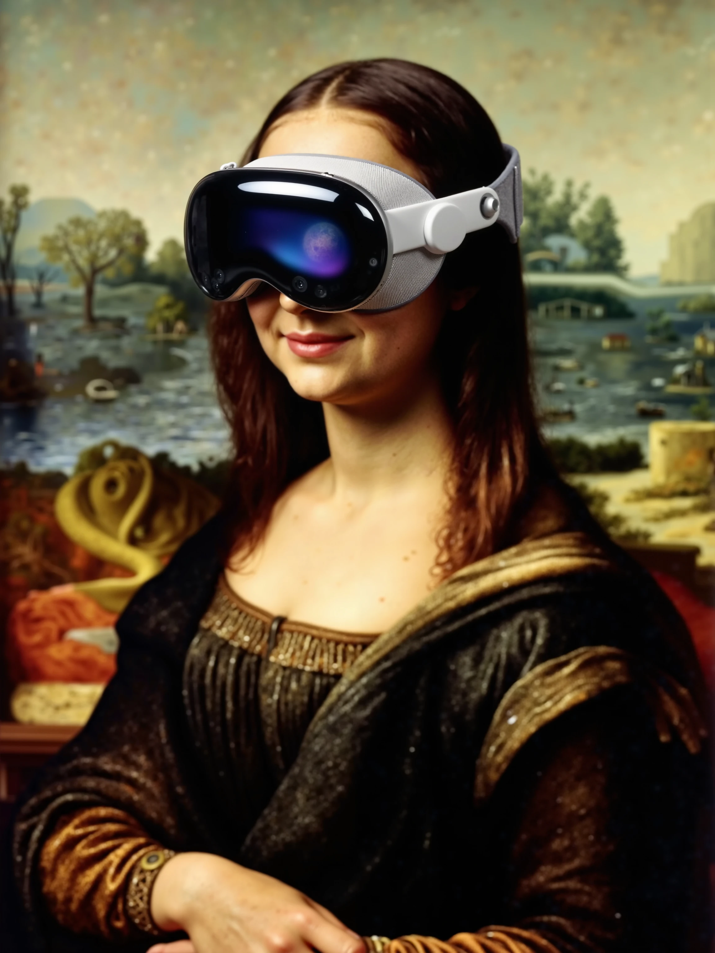 A futuristic reinterpretation of the iconic Mona Lisa, seated in her traditional pose but now wearing the sleek Apple Vision Pro headset. The large, curved black reflective lens covers her eyes, adding a mysterious, modern twist to her enigmatic expression. The headset’s white frame and mesh-textured strap rest seamlessly over her dark hair, contrasting the rich, earth-toned background of the Renaissance painting.

Her timeless smile remains intact, but the addition of the high-tech glasses suggests a blending of centuries—where the past meets the future. The reflective black surface of the Apple Vision Pro captures subtle hints of the landscape behind her, which fades into soft, muted greens and browns, creating a balance between the familiar classical setting and the sleek modern technology.

The lighting remains soft and natural, as in the original painting, casting gentle shadows across her face and hands. The reflective surface of the glasses glints slightly in the soft glow, adding depth and intrigue to the composition. The iconic texture and muted tones of Leonardo da Vinci’s painting remain true to form, but the introduction of the futuristic headset brings a fresh, digital age perspective.

The mood is both serene and curious, as the Mona Lisa’s mysterious smile now hints at a secret beyond the scope of the painting—a digital world or virtual reality accessible only through the Apple Vision Pro. The camera captures her in the same classic, three-quarter view, with the depth of field keeping her face and the reflective visor in sharp focus, while the background landscape fades softly into the distance.

The overall composition blends the timeless elegance of Renaissance art with cutting-edge technology, creating a visually arresting fusion of past and future. The iconic figure of Mona Lisa, now adorned with the Apple Vision Pro, becomes a symbol of the intersection between classical art and futuristic innovation.