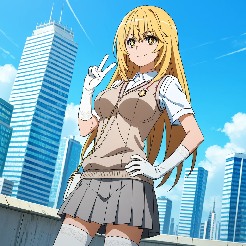 cityscape,standing,cowboy_shot,smile,peace_sign,hand_on_own_hip,
slender, 1girl, dutch_angle, dynamic lighting,detailed_background,
<lora:add-detail-xl:1.5> shokuhou_misaki, long_hair,blonde_hair,large_breasts,sparkling_eyes,brown_eyes, tokiwadai_school_uniform, short_sleeves, sweater_vest, white_gloves, elbow_gloves,grey_skirt, white_thighhighs,  white_handbag,(between_breasts:1.2),
<lora:Toaru_Misaki_v90:1>