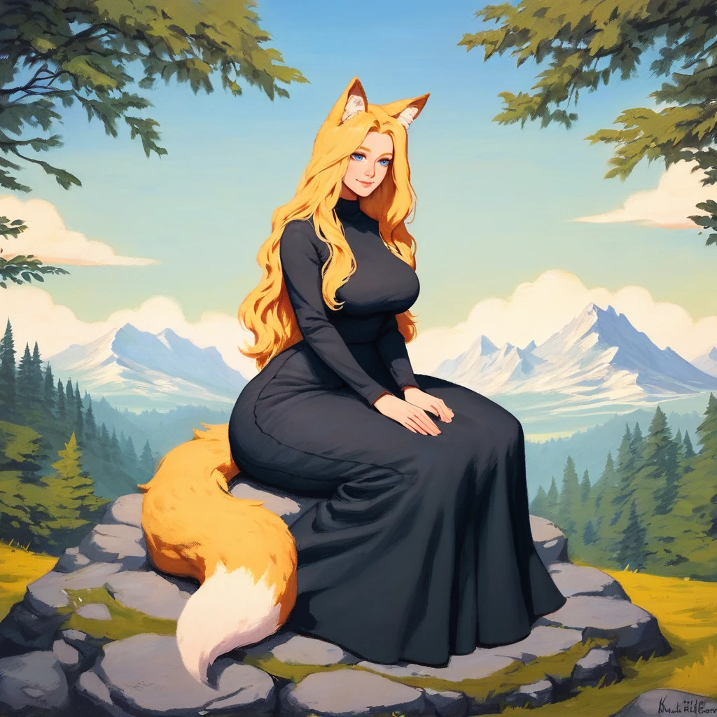 score_9, score_8_up, score_7_up, <lora:KittelsenStyleBeta1122:1>, kittelsen style, traditional media, 1girl, solo, long hair, blonde hair, fox ears, blue eyes, closed mouth, smile, black shirt, long sleeves, black skirt, long skirt, large breasts, wide hips, fox tail, sitting on a rock, BREAK, outdoors, forest, mountains, castle in the distance