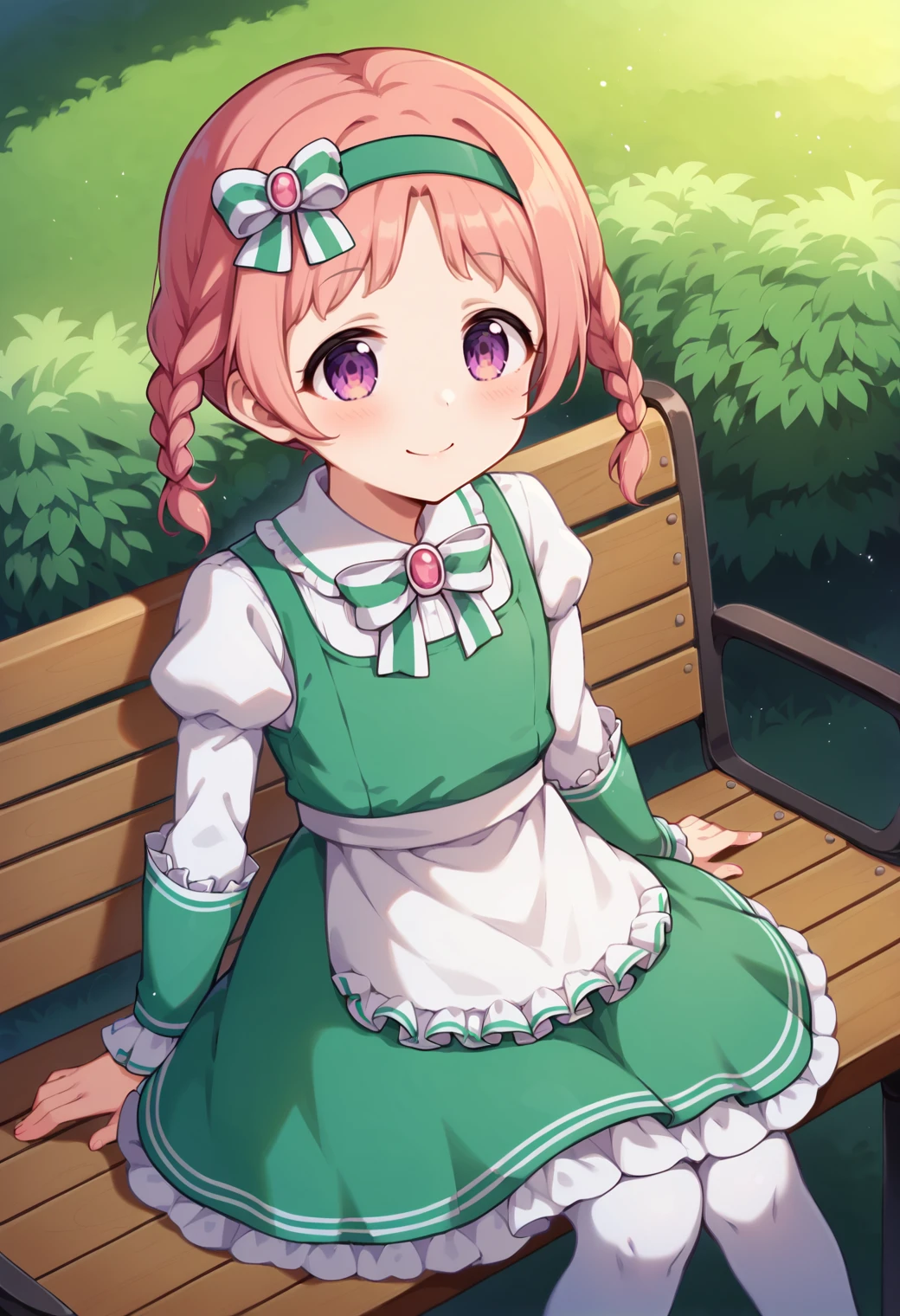 score_9, score_7_up, hd, (ultra hd quality details), source_anime, outdoors, bench,
solo, 1girl, rlmimi, twin braids,
green hairband, hair bow, white shirt, puffy sleeves, layered sleeves, long sleeves, green dress, layered dress, white apron, waist apron, white pantyhose,
avert gaze, smile, closed mouth, 
sitting,
<lora:_mimipcr-elesico-pony:1>