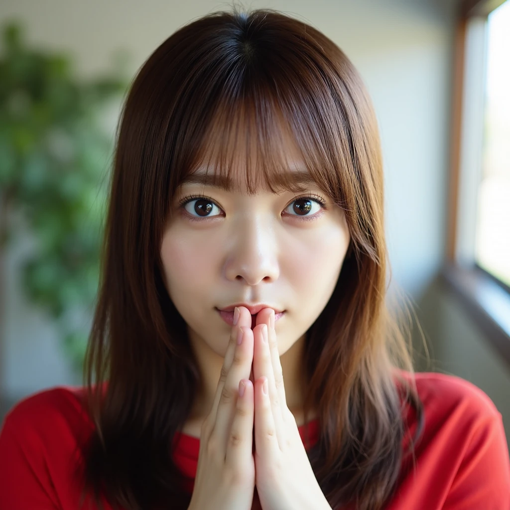 The image is a close-up portrait of a young woman with long brown hair and bangs. She is wearing a red blouse and has her hands clasped together in front of her face. The woman is looking directly at the camera with a serious expression. The background is blurred, but it appears to be an indoor setting with a window and a plant visible. The lighting is soft and natural, highlighting the woman's features.