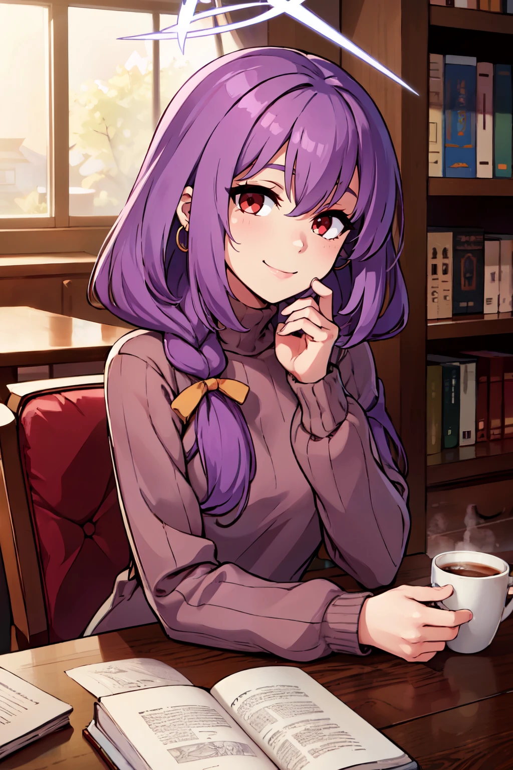 ((masterpiece,best quality)), absurdres,  BREAK, , <lora:Atsuko_BlueArchive_Citron:0.8>, zzAtsuko, red eyes, purple hair, long hair, twin braids, halo , BREAK, turtleneck sweater, earrings, library, cup of coffee, sitting at table, BREAK, solo, smile, looking at viewer, cowboy shot,