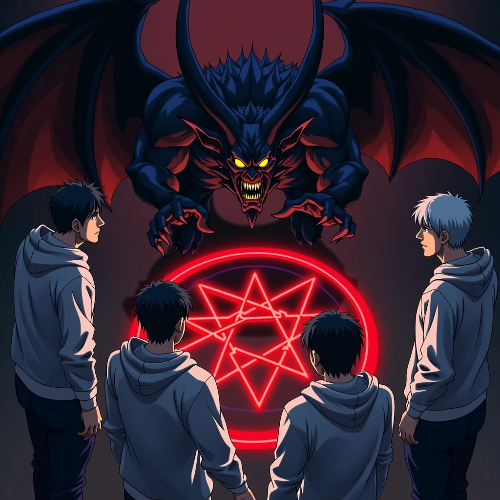 <lora:Bible Black style v1:1>
In Adult animation style, In Manga and Anime cartoon style from above, a group of people in hoodie robs standing around a magical pentagram circle with a star of david summoning a demon demonic creature, multiple boys, english text, 3boys, magic circle, male devil, creature, evil, demonic, villain, glowing eyes, muscular, golden yellow eyes, bat-like wings, dragon wings, dark, curved fang, eroge, anime, manga, nsfw, cartoon, Adult animation, explicit, Original video animation, Baiburu Burakku style, Bible Black style, hat, standing, school uniform, male focus, star (symbol), gakuran, silhouette, hexagram, kujo jotaro