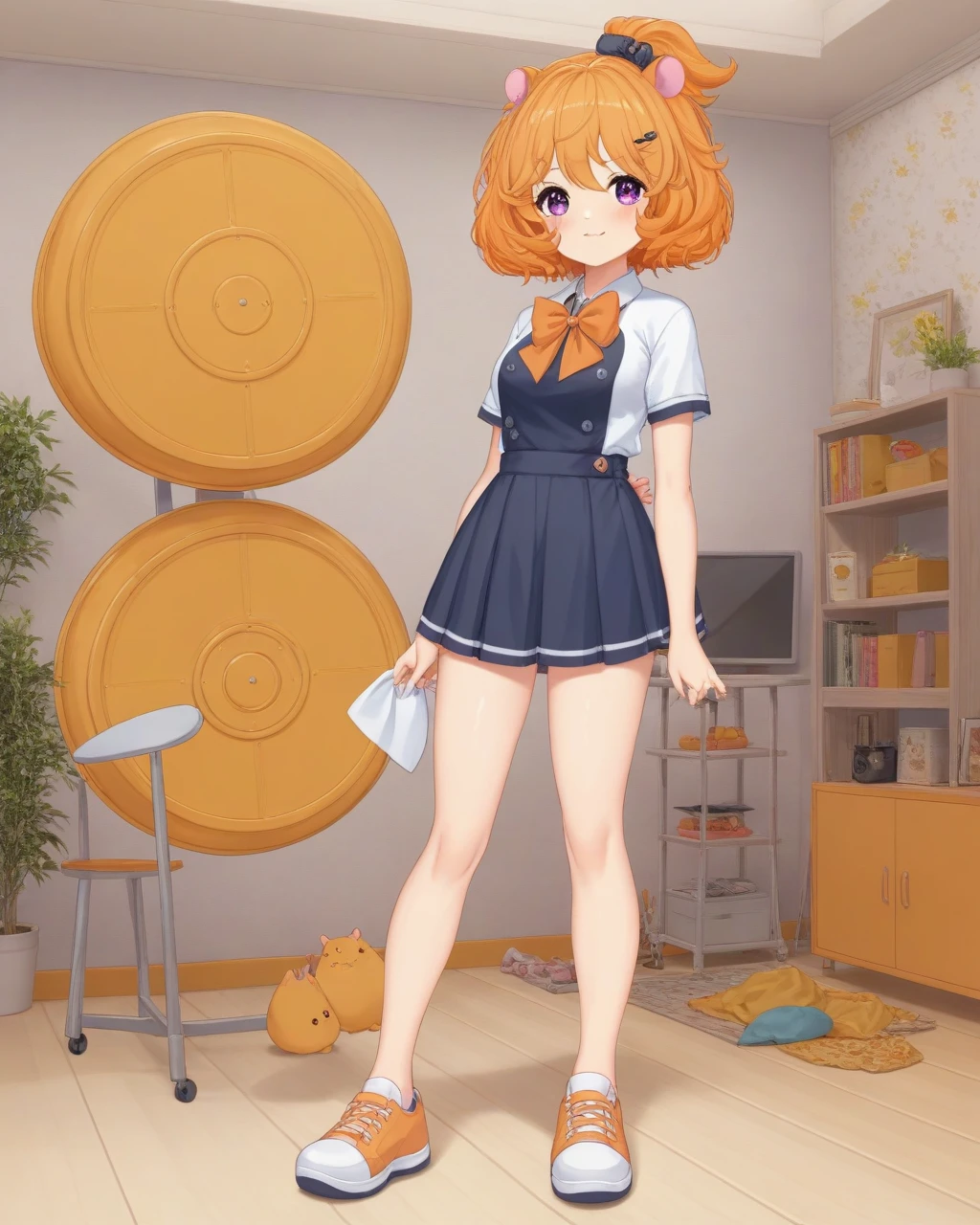 eimi, small hamster ears, short orange curly hair, purple gradient eyes, 
full body, breasts, shoes, legs, hamster wheel, indoors, 
 <lora:EIMI-XLv2-t1-000002:0.6>