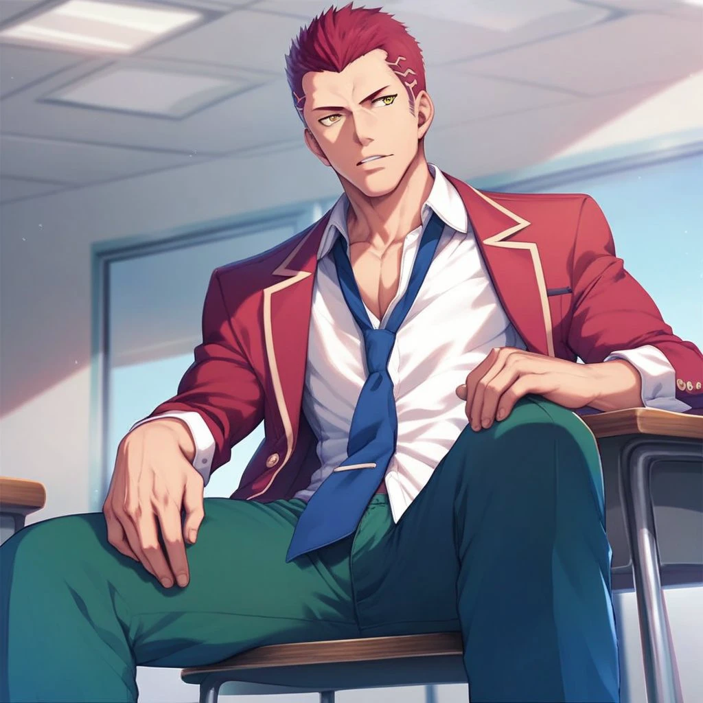 score_9, score_8_up, score_7_up, score_6_up, solo, male focus, 1boy, muscular, open clothes, ken sudou, yellow eyes, red hair, school uniform, jacket, green pants, undone necktie, classroom, sitting over chair, good eyes, good face, detailed eyes, detailed face,